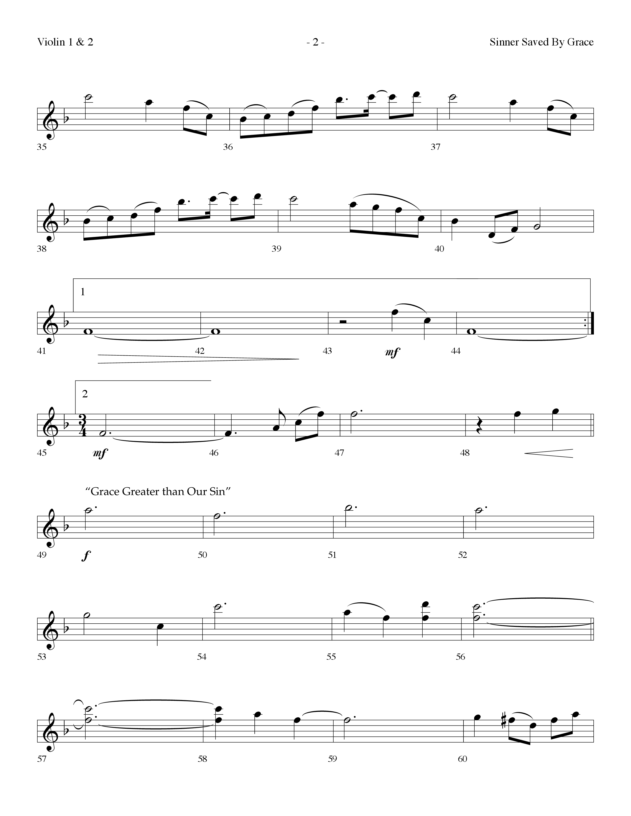 Sinner Saved By Grace (with Grace Greater Than Our Sin) (Choral Anthem SATB) Violin 1/2 (Arr. Dennis Allen / Lifeway Choral)