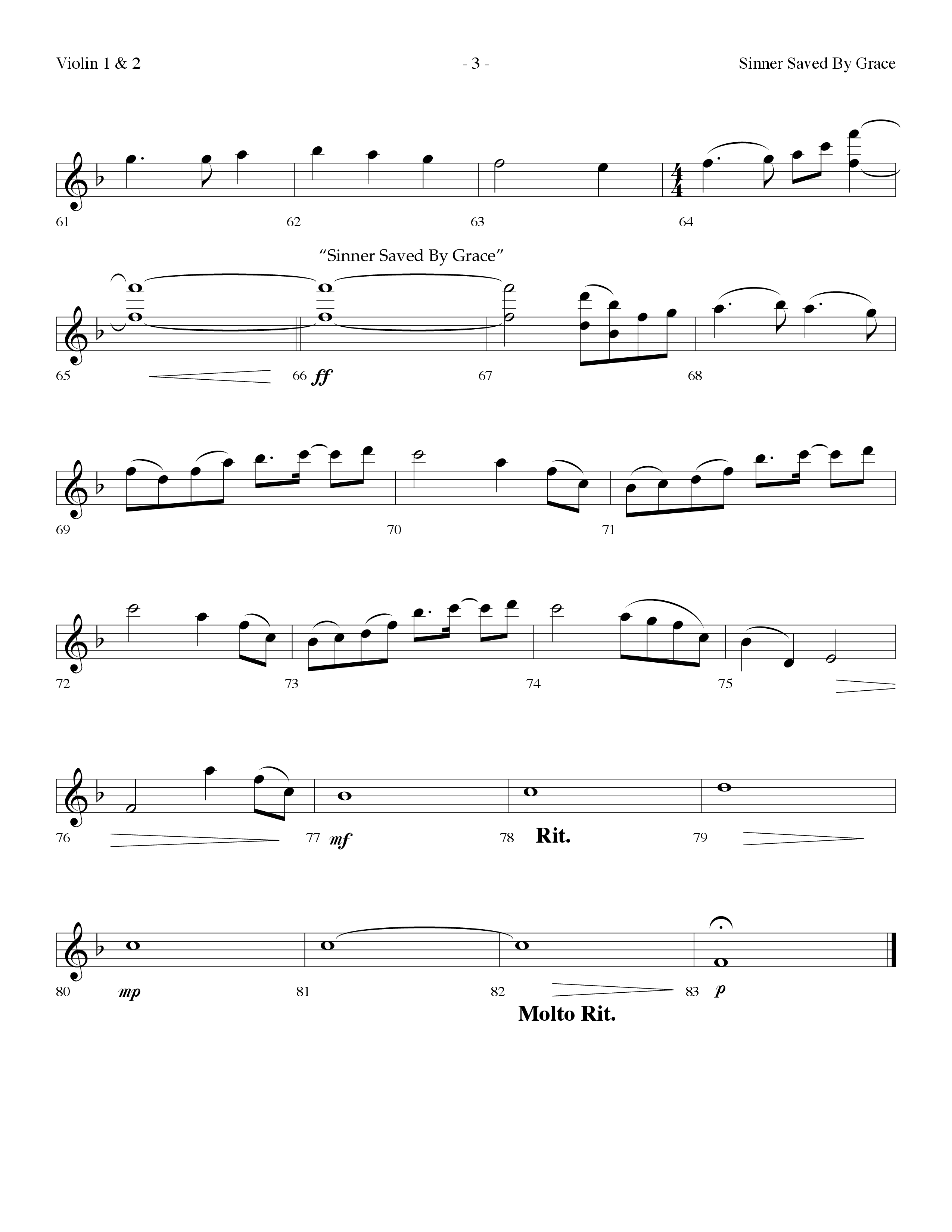 Sinner Saved By Grace (with Grace Greater Than Our Sin) (Choral Anthem SATB) Violin 1/2 (Arr. Dennis Allen / Lifeway Choral)