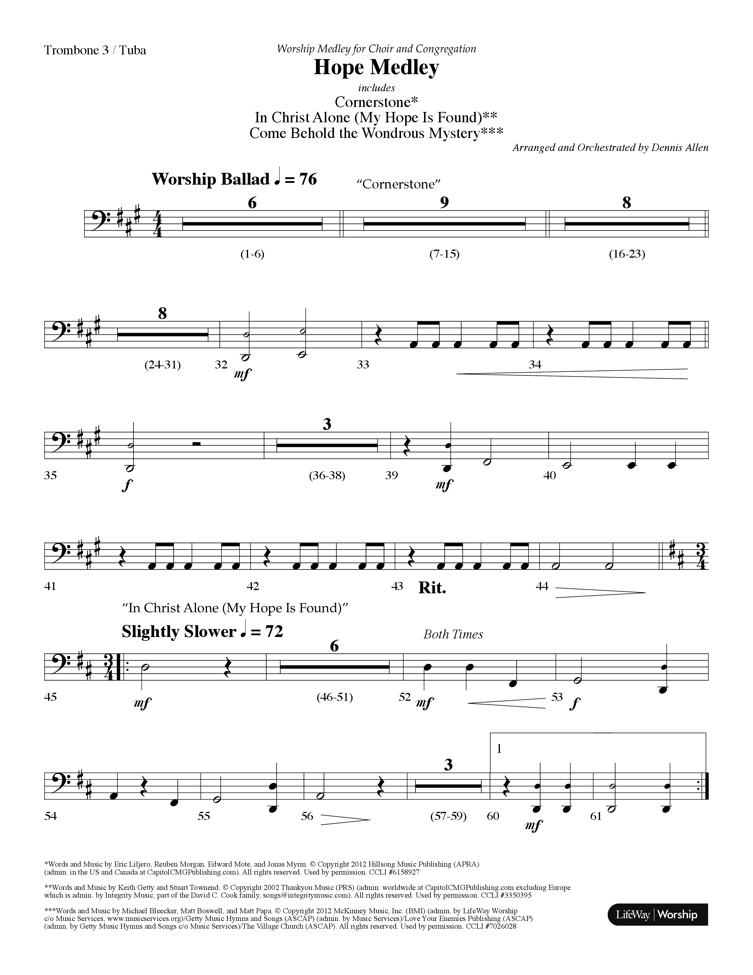 Hope Medley (with Cornerstone, In Christ Alone (My Hope Is Found), Come Behold The Wondrous Mystery) (Choral Anthem SATB) Trombone 3/Tuba (Lifeway Choral / Arr. Dennis Allen)