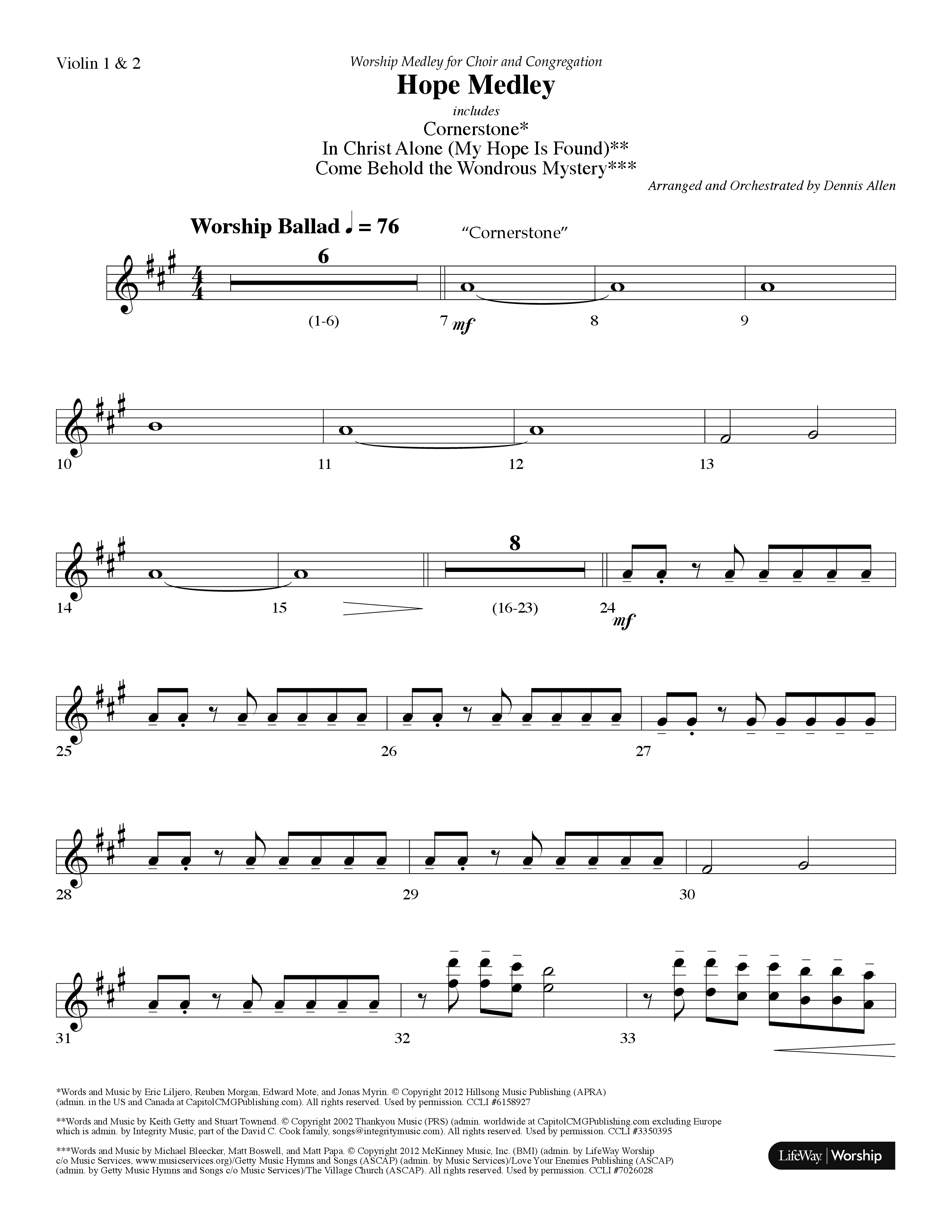 Hope Medley (with Cornerstone, In Christ Alone (My Hope Is Found), Come Behold The Wondrous Mystery) (Choral Anthem SATB) Violin 1/2 (Lifeway Choral / Arr. Dennis Allen)