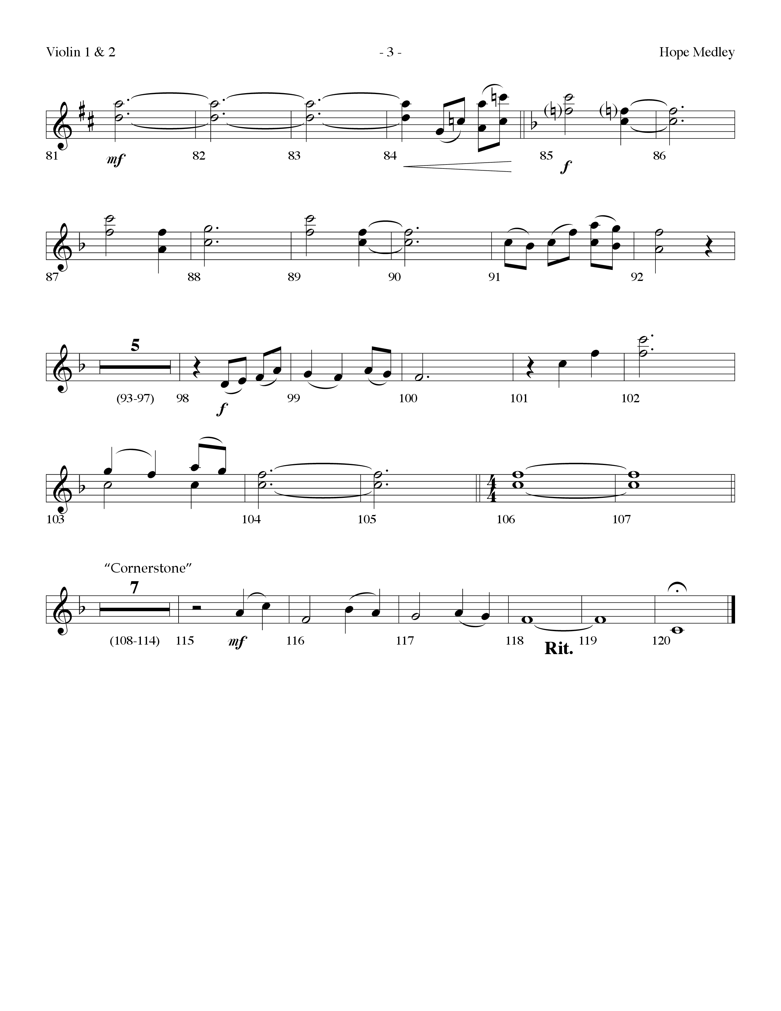 Hope Medley (with Cornerstone, In Christ Alone (My Hope Is Found), Come Behold The Wondrous Mystery) (Choral Anthem SATB) Violin 1/2 (Lifeway Choral / Arr. Dennis Allen)