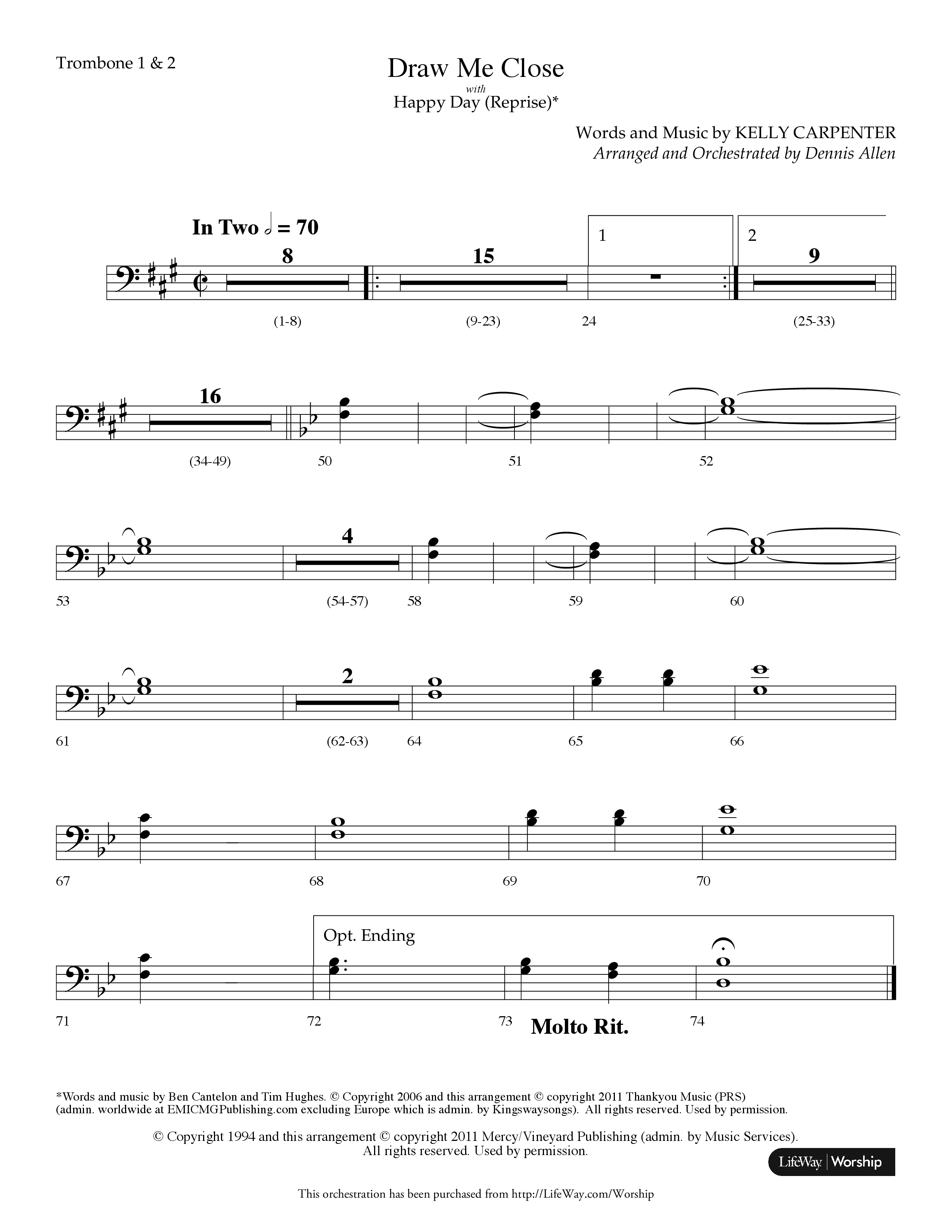 Draw Me Close (with Happy Day (Reprise)) (Choral Anthem SATB) Trombone 1/2 (Lifeway Choral / Arr. Dennis Allen)