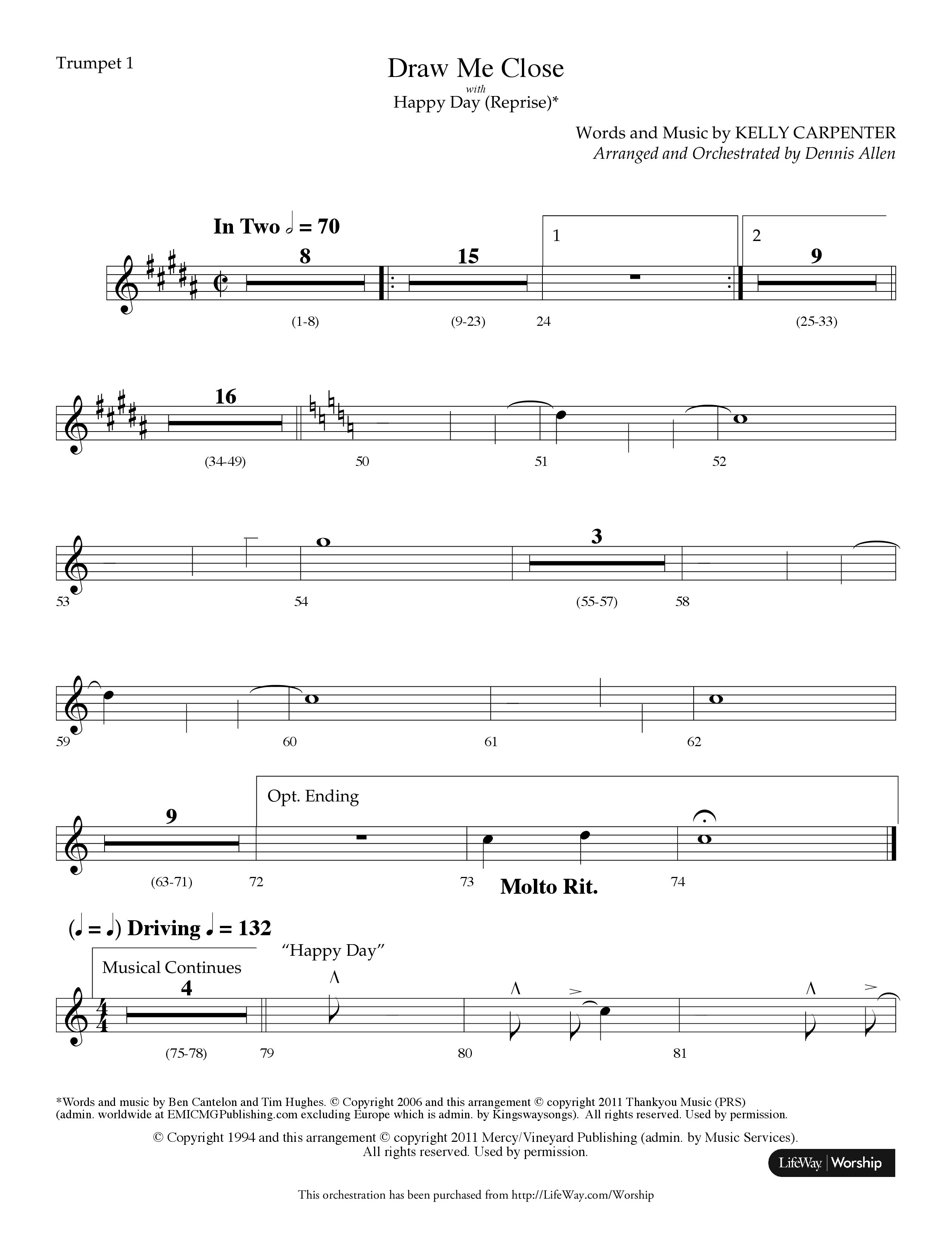 Draw Me Close (with Happy Day (Reprise)) (Choral Anthem SATB) Trumpet 1 (Lifeway Choral / Arr. Dennis Allen)