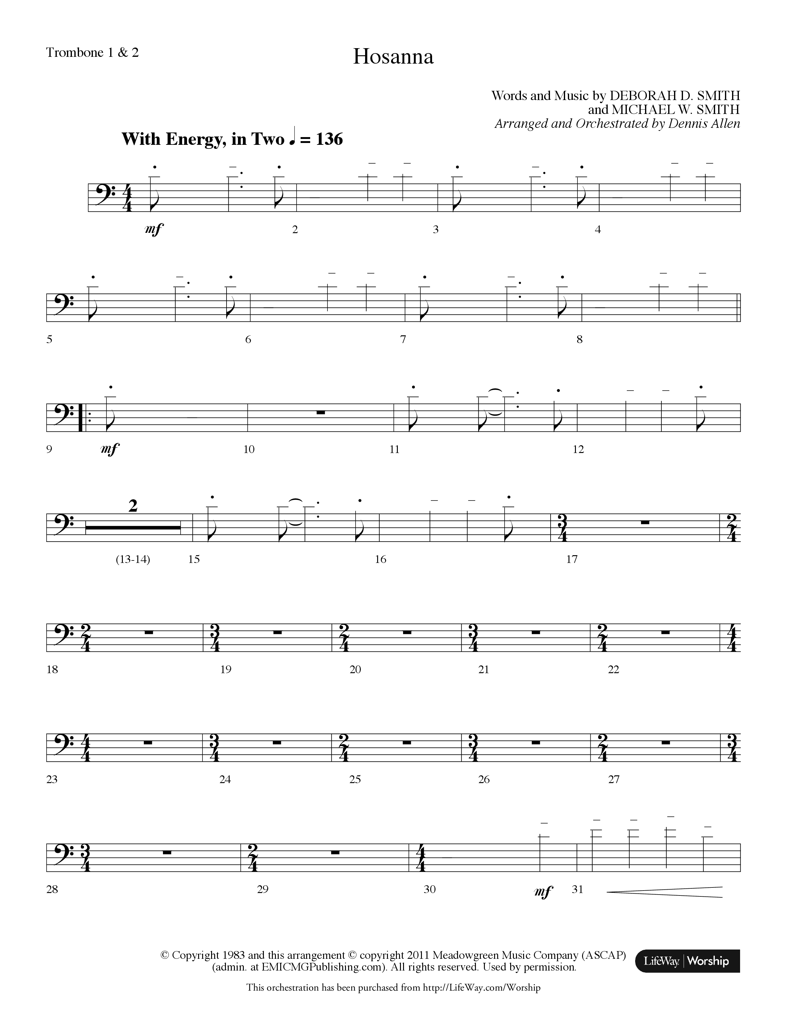 Hosanna (Choral Anthem SATB) Trombone 1/2 (Lifeway Choral / Arr. Dennis Allen)