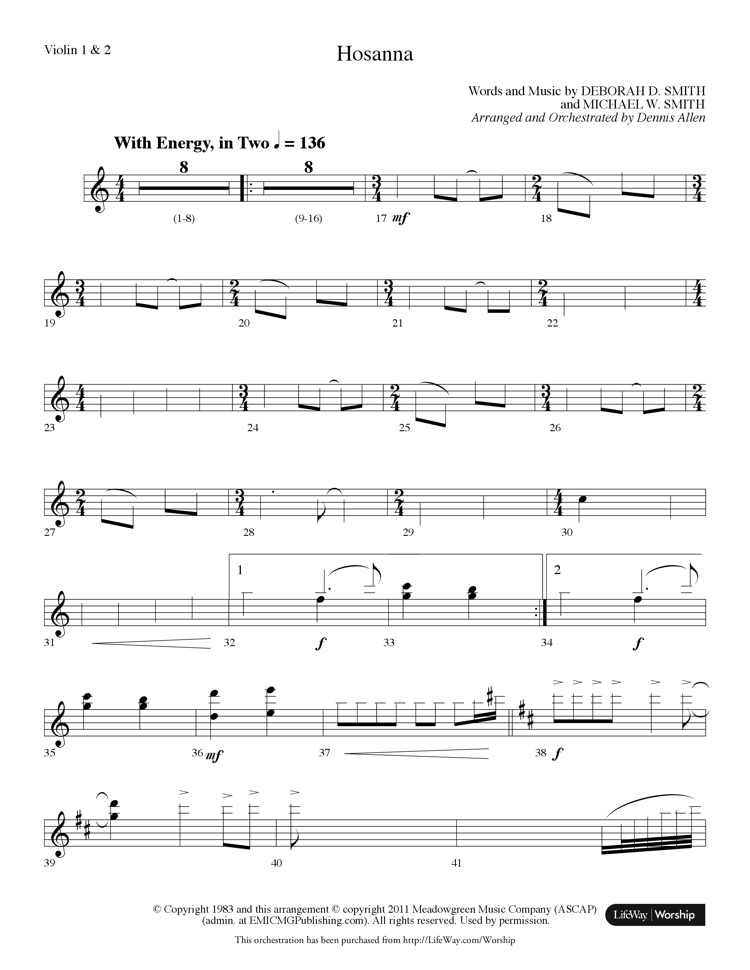 Hosanna (Choral Anthem SATB) Violin 1/2 (Lifeway Choral / Arr. Dennis Allen)
