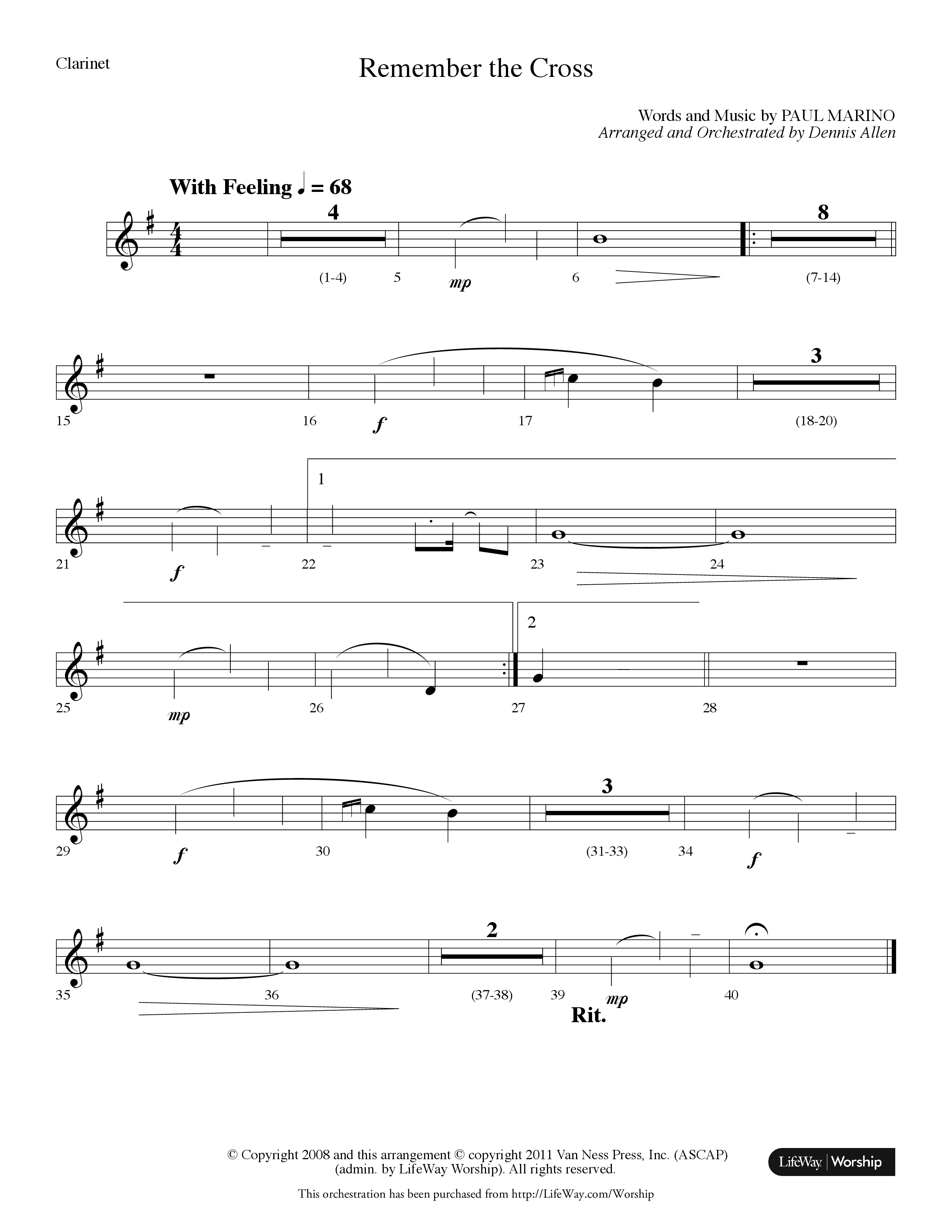 Remember The Cross (Choral Anthem SATB) Clarinet (Lifeway Choral / Arr. Dennis Allen)