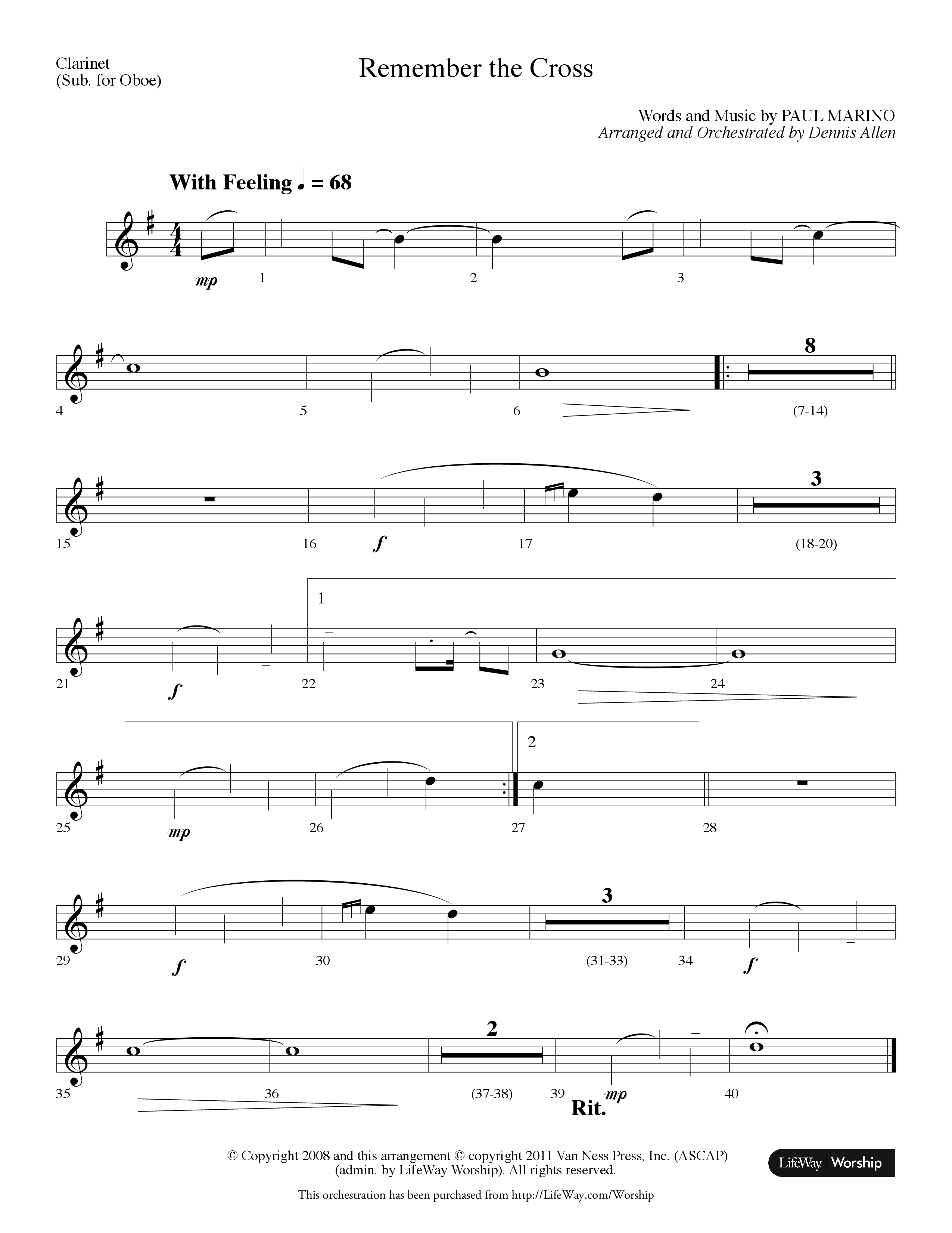 Remember The Cross (Choral Anthem SATB) Clarinet (Lifeway Choral / Arr. Dennis Allen)