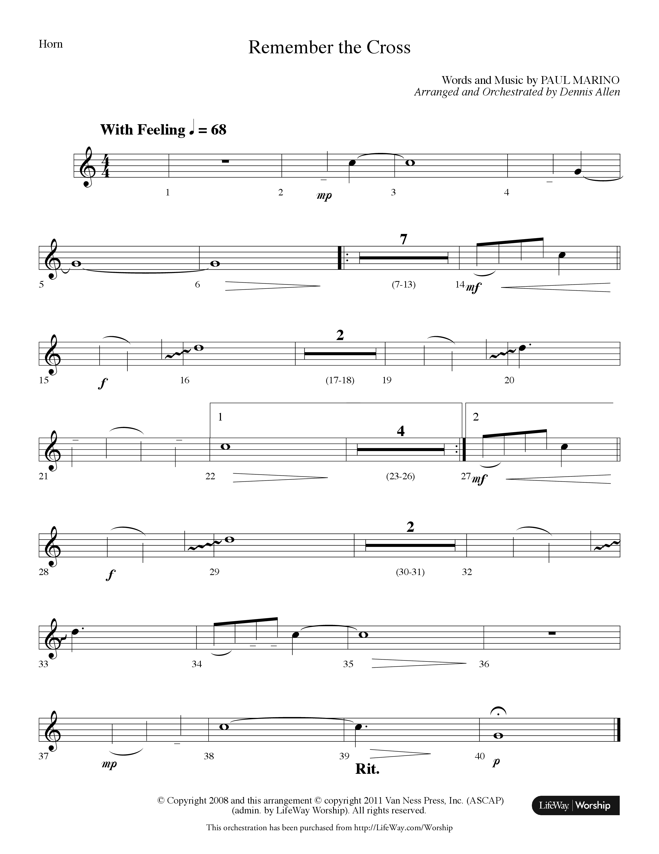 Remember The Cross (Choral Anthem SATB) French Horn (Lifeway Choral / Arr. Dennis Allen)