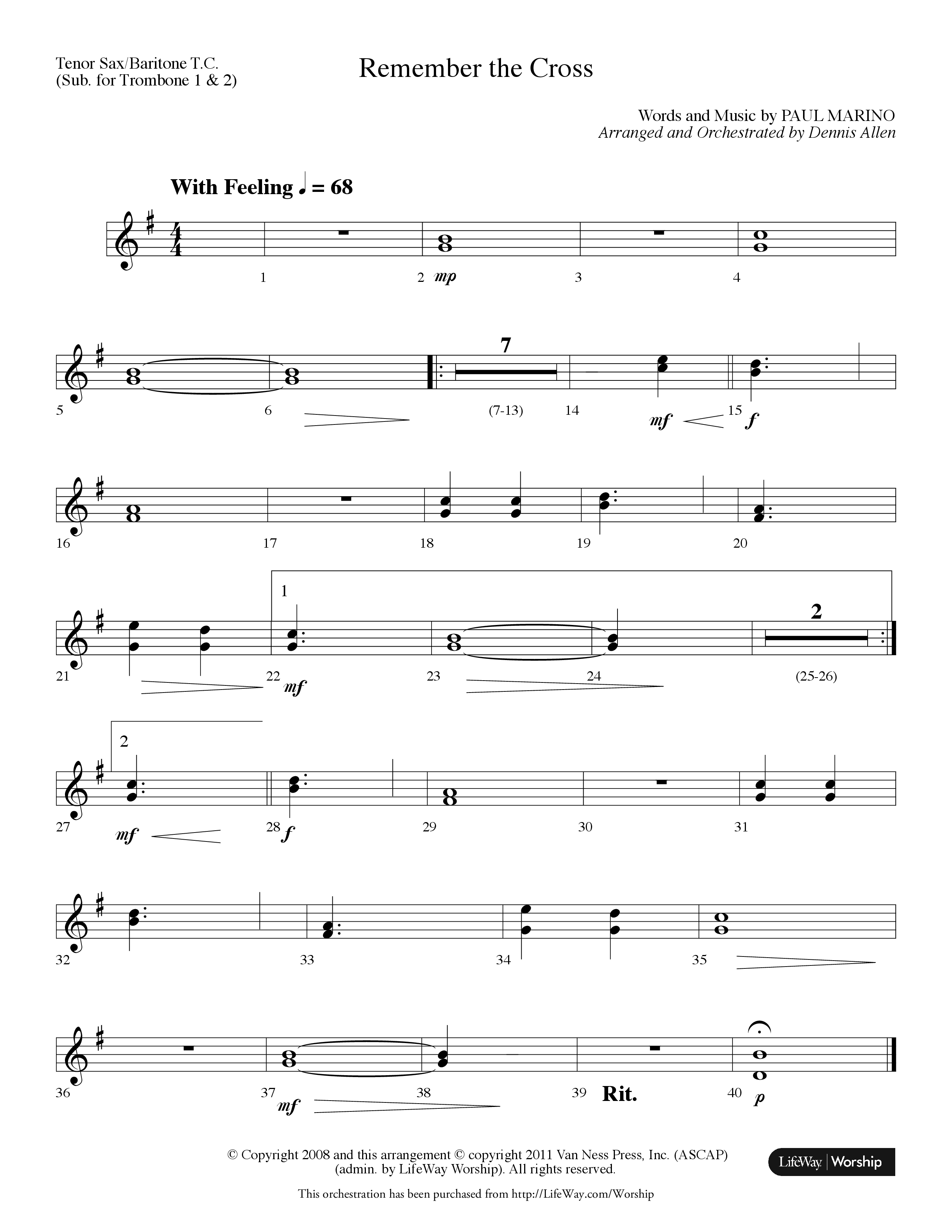Remember The Cross (Choral Anthem SATB) Tenor Sax/Baritone T.C. (Lifeway Choral / Arr. Dennis Allen)