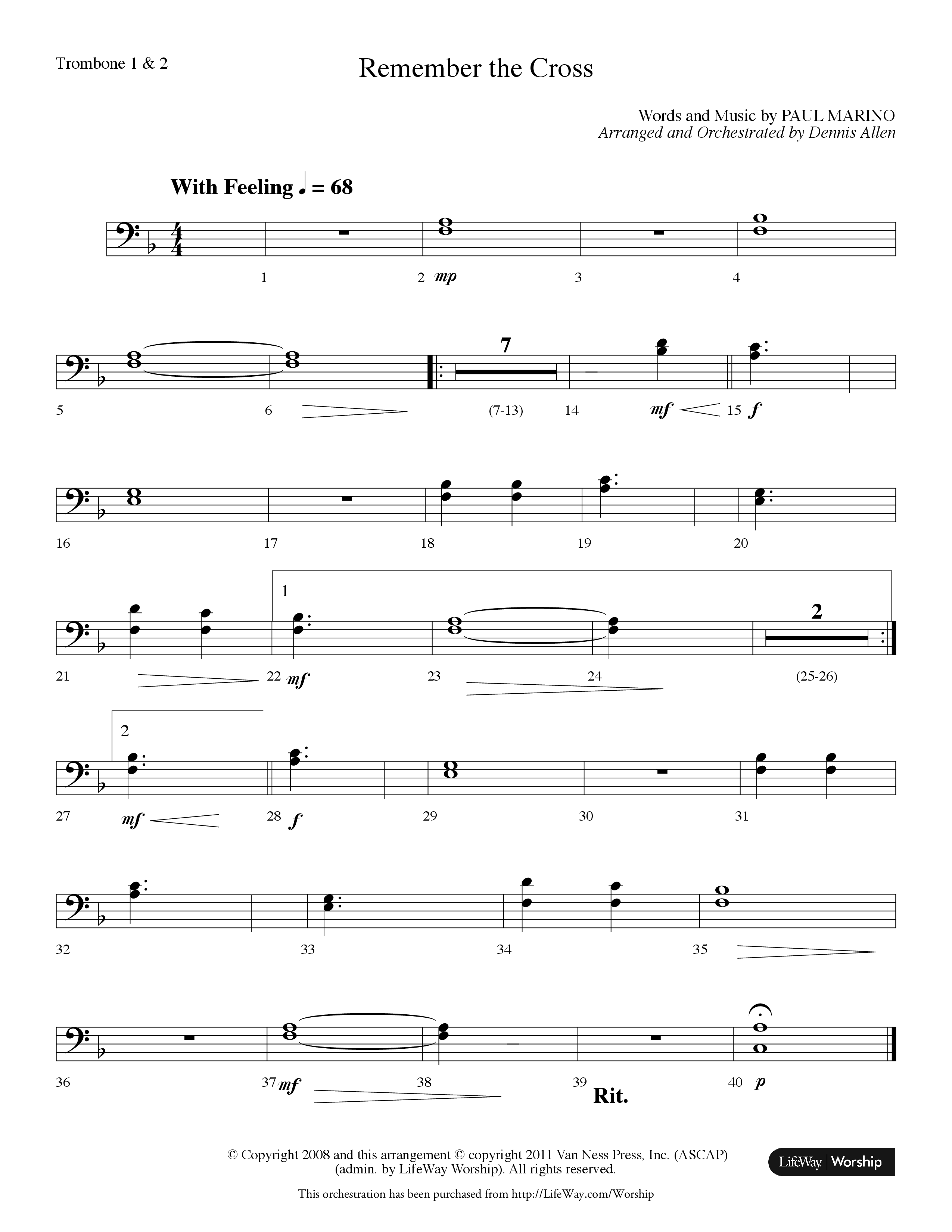 Remember The Cross (Choral Anthem SATB) Trombone 1/2 (Lifeway Choral / Arr. Dennis Allen)