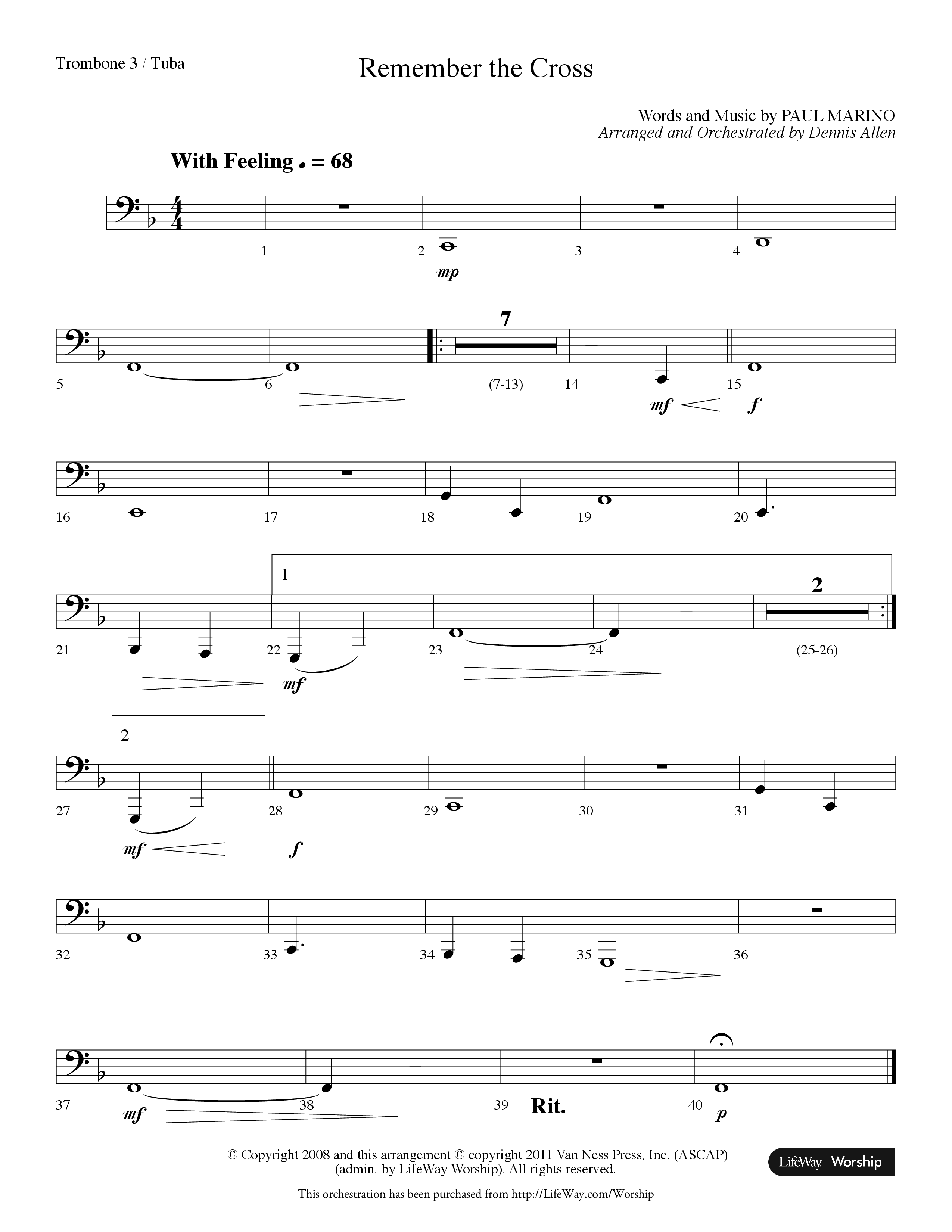 Remember The Cross (Choral Anthem SATB) Trombone 3/Tuba (Lifeway Choral / Arr. Dennis Allen)