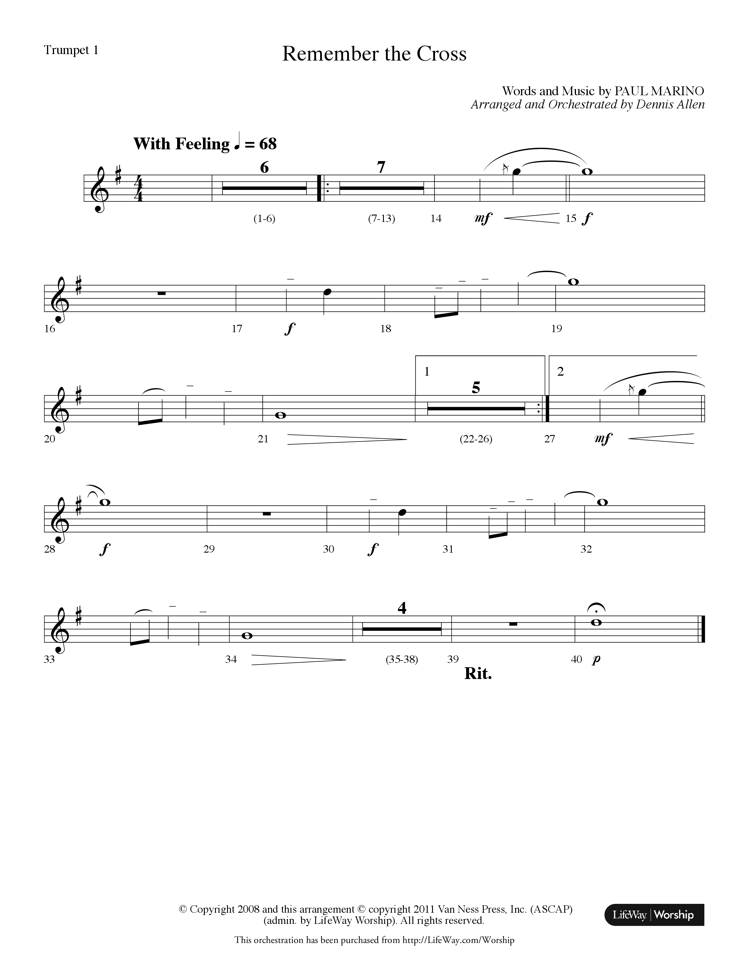 Remember The Cross (Choral Anthem SATB) Trumpet 1 (Lifeway Choral / Arr. Dennis Allen)