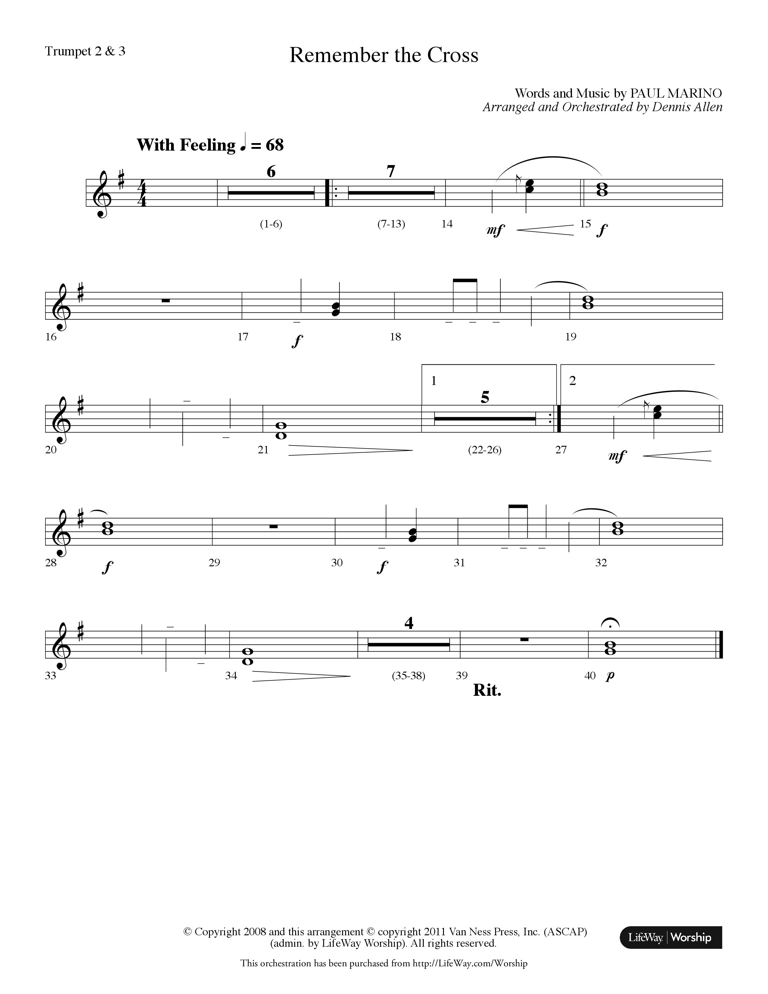 Remember The Cross (Choral Anthem SATB) Trumpet 2/3 (Lifeway Choral / Arr. Dennis Allen)