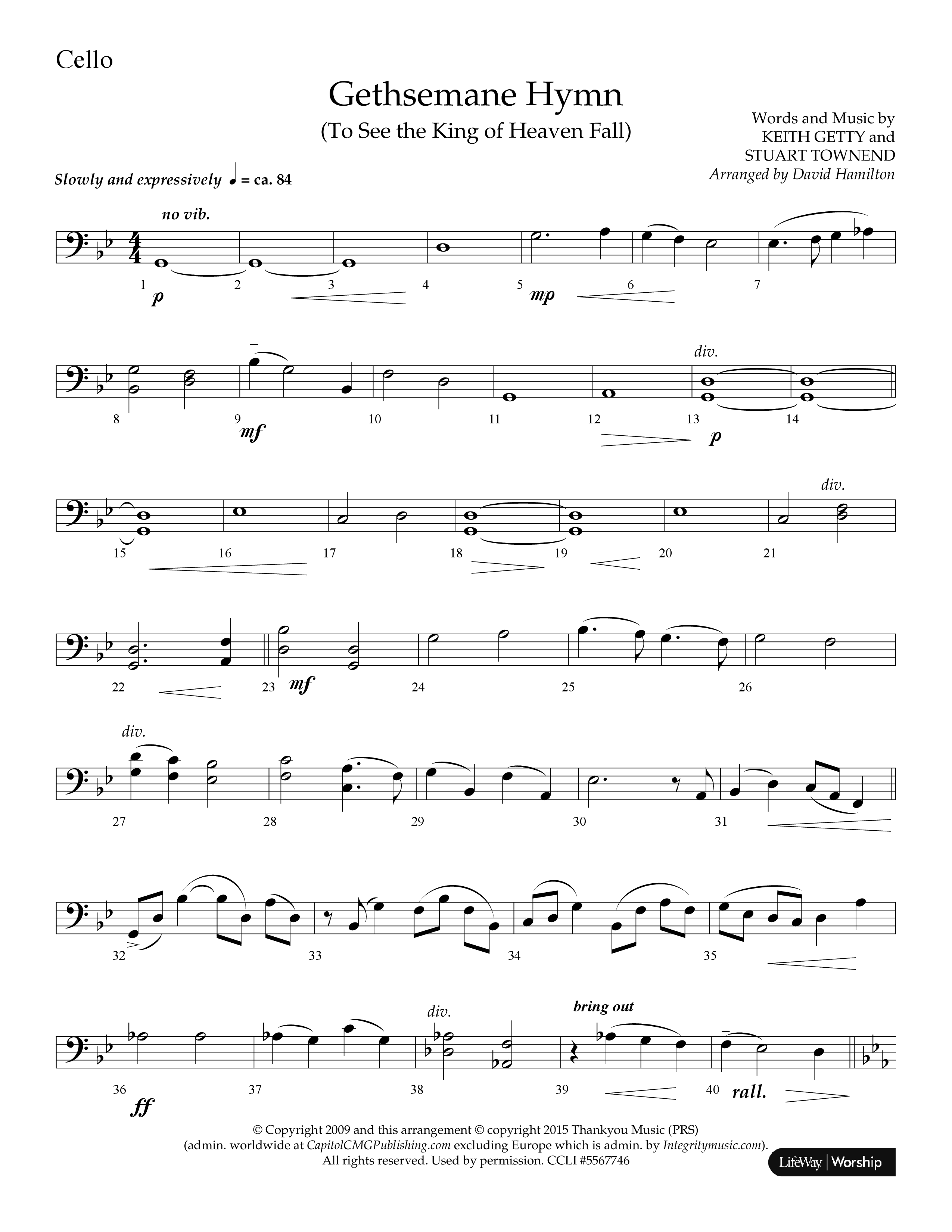 Gethsemane (To See The King Of Heaven Fall) (Choral Anthem SATB) Cello (Lifeway Choral / Arr. David Hamilton)