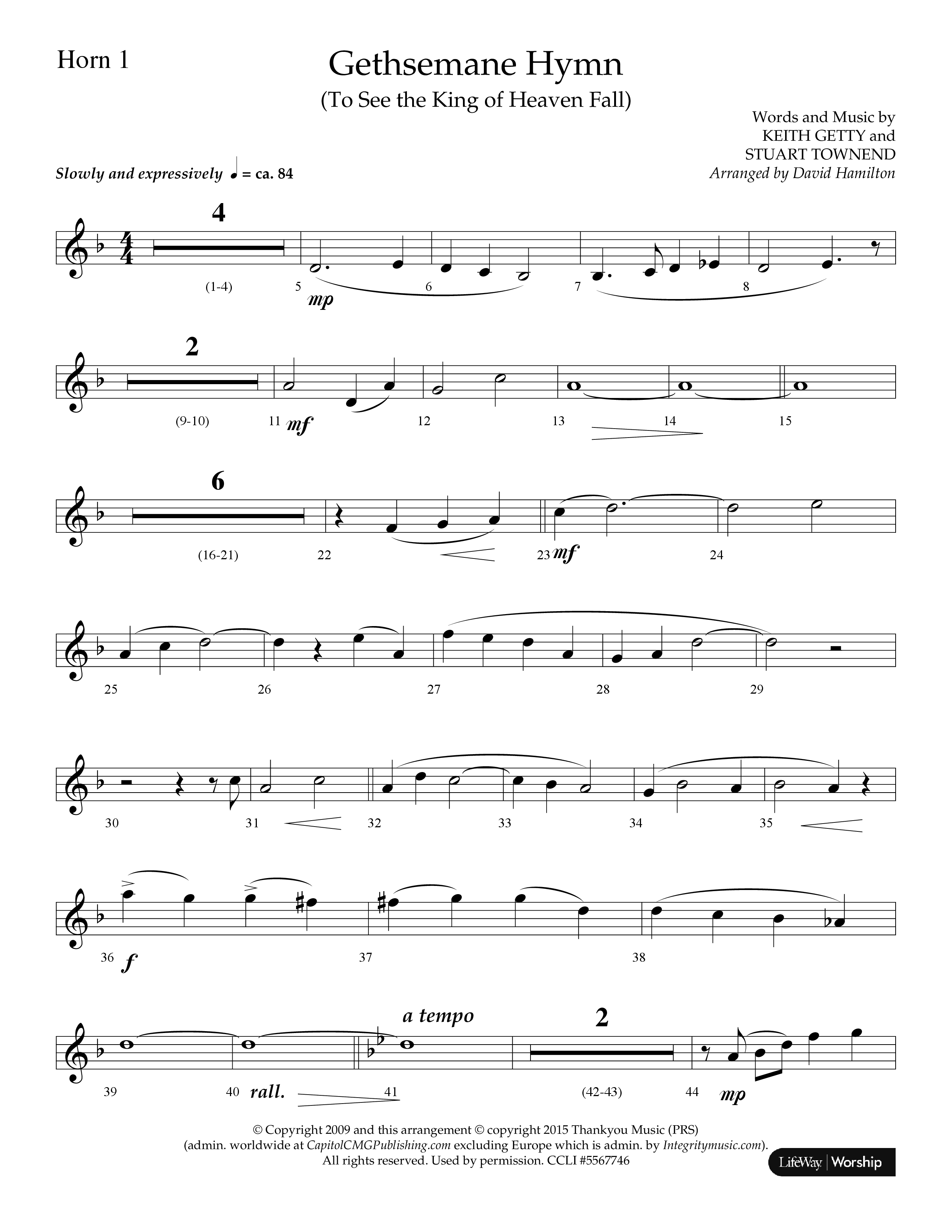 Gethsemane (To See The King Of Heaven Fall) (Choral Anthem SATB) French Horn 1 (Lifeway Choral / Arr. David Hamilton)