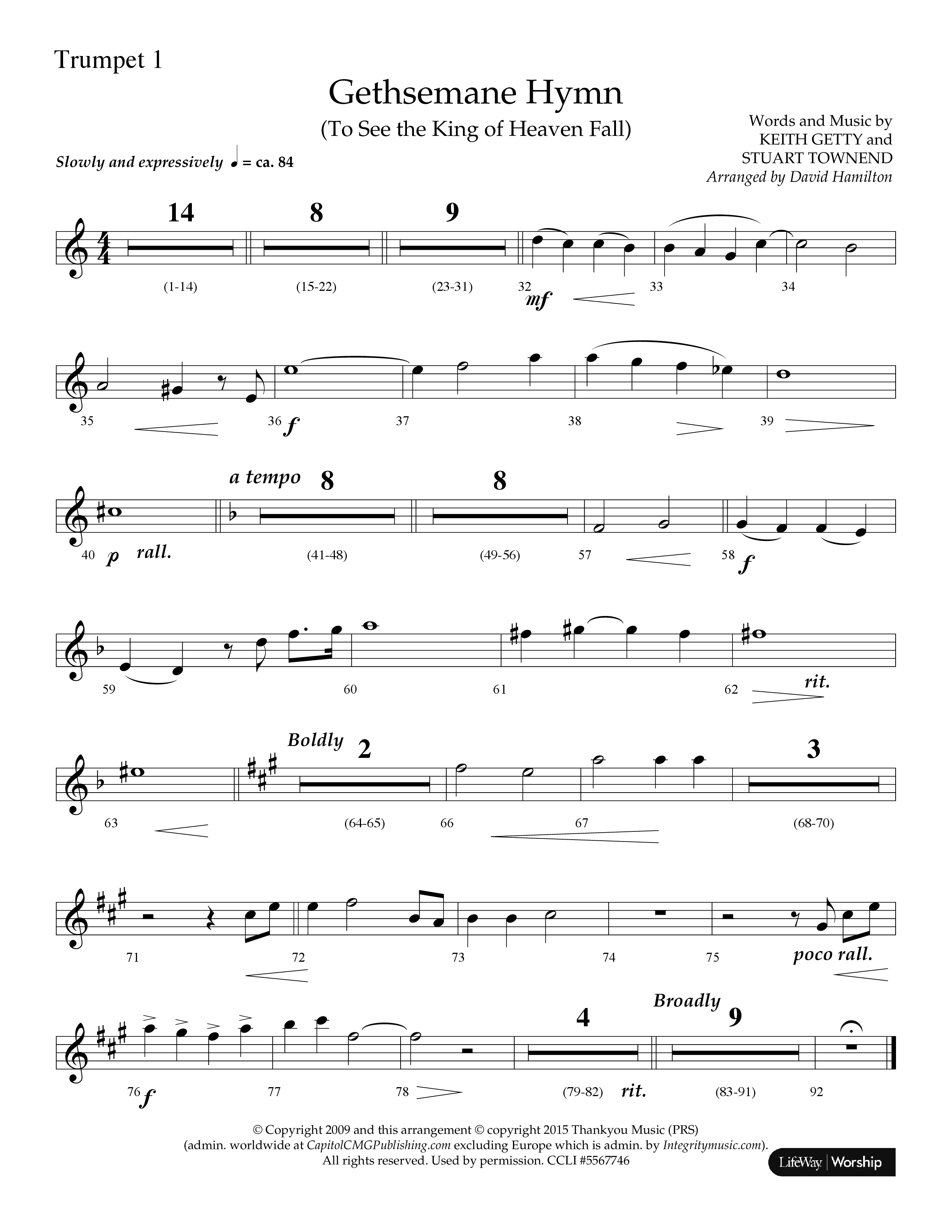 Gethsemane (To See The King Of Heaven Fall) (Choral Anthem SATB) Trumpet 1 (Lifeway Choral / Arr. David Hamilton)