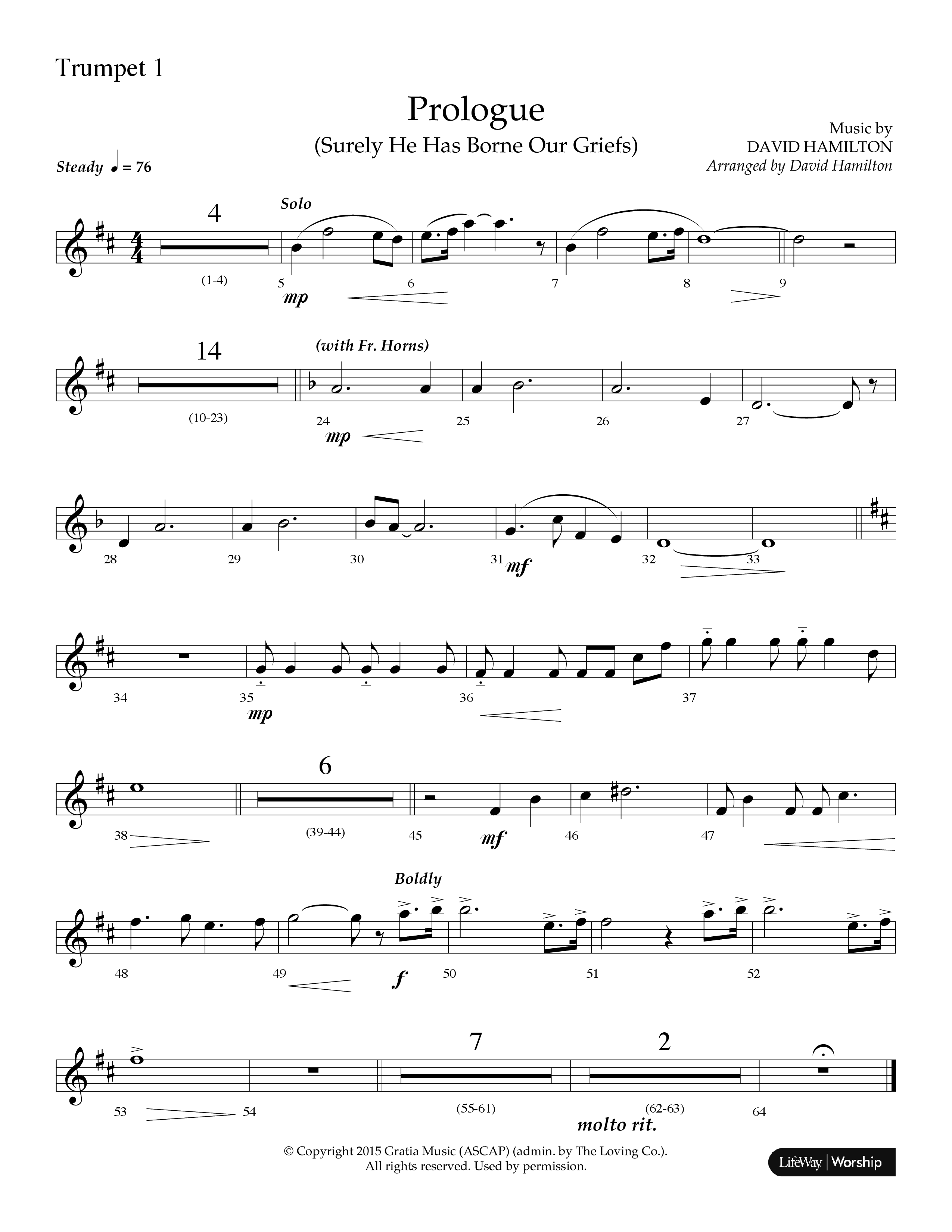 Prologue (Surely He Has Borne Our Griefs) (Instrumental) Trumpet 1 (Lifeway Choral / Arr. David Hamilton)