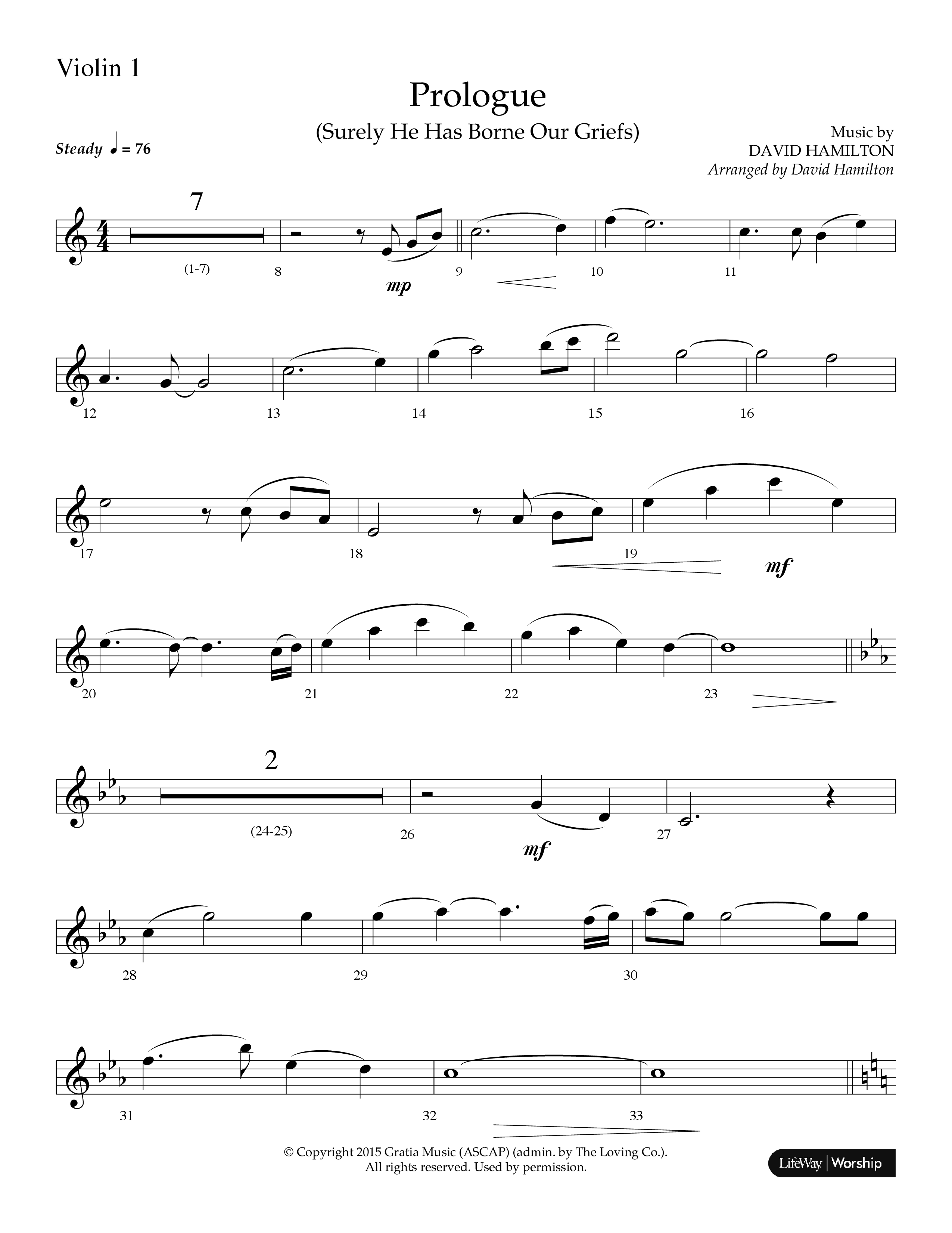 Prologue (Surely He Has Borne Our Griefs) (Instrumental) Violin 1 (Lifeway Choral / Arr. David Hamilton)