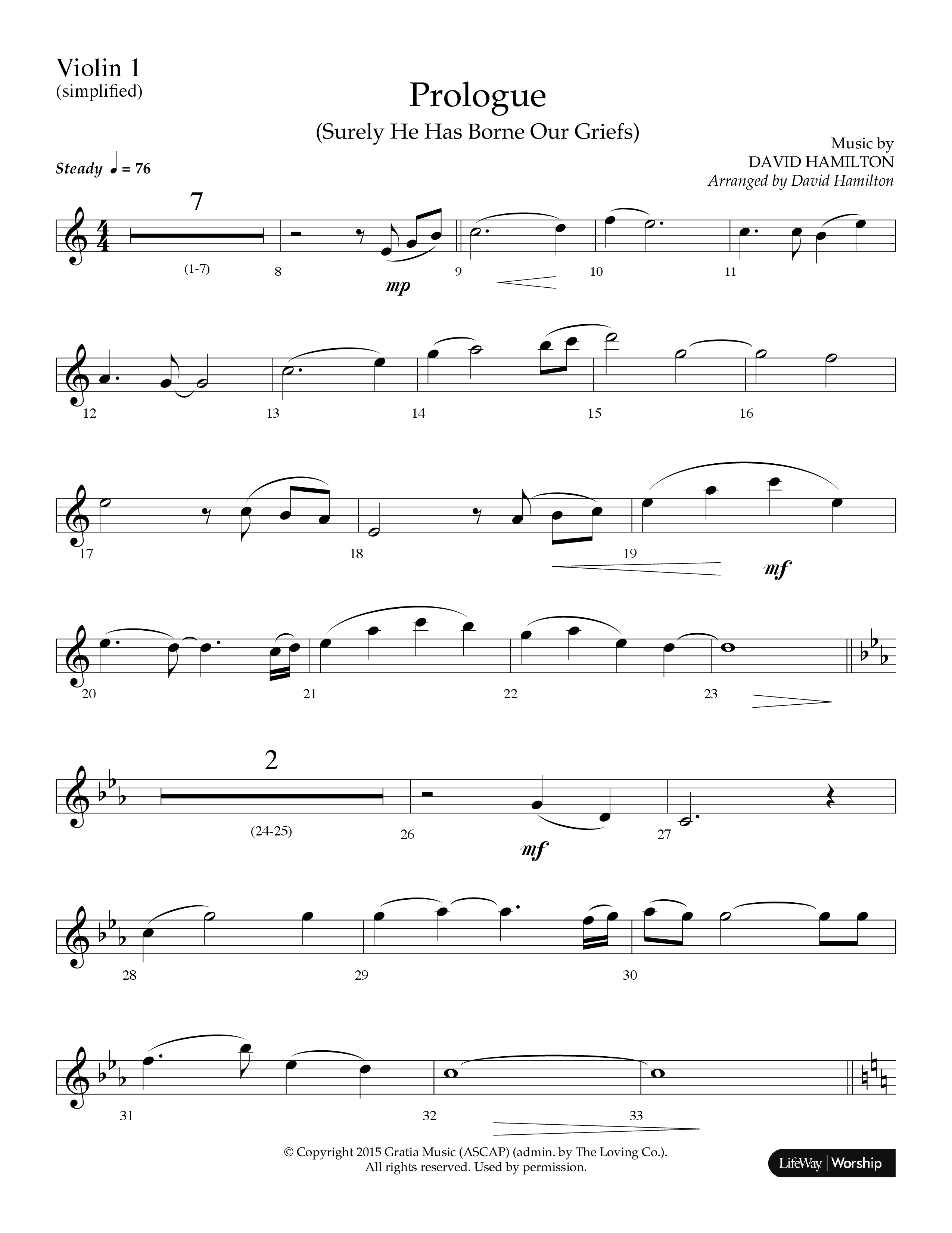 Prologue (Surely He Has Borne Our Griefs) (Instrumental) Violin 1 (Lifeway Choral / Arr. David Hamilton)