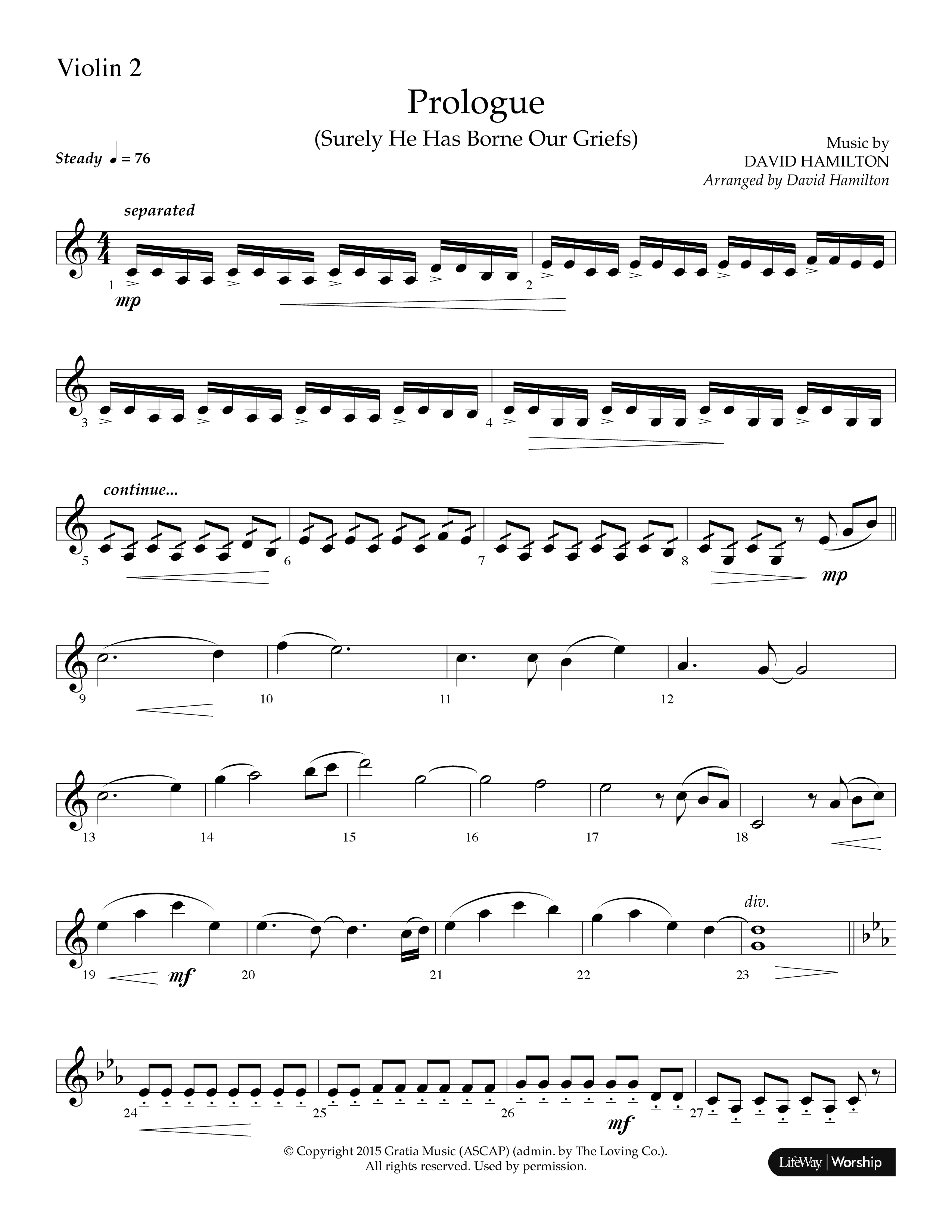 Prologue (Surely He Has Borne Our Griefs) (Instrumental) Violin 2 (Lifeway Choral / Arr. David Hamilton)