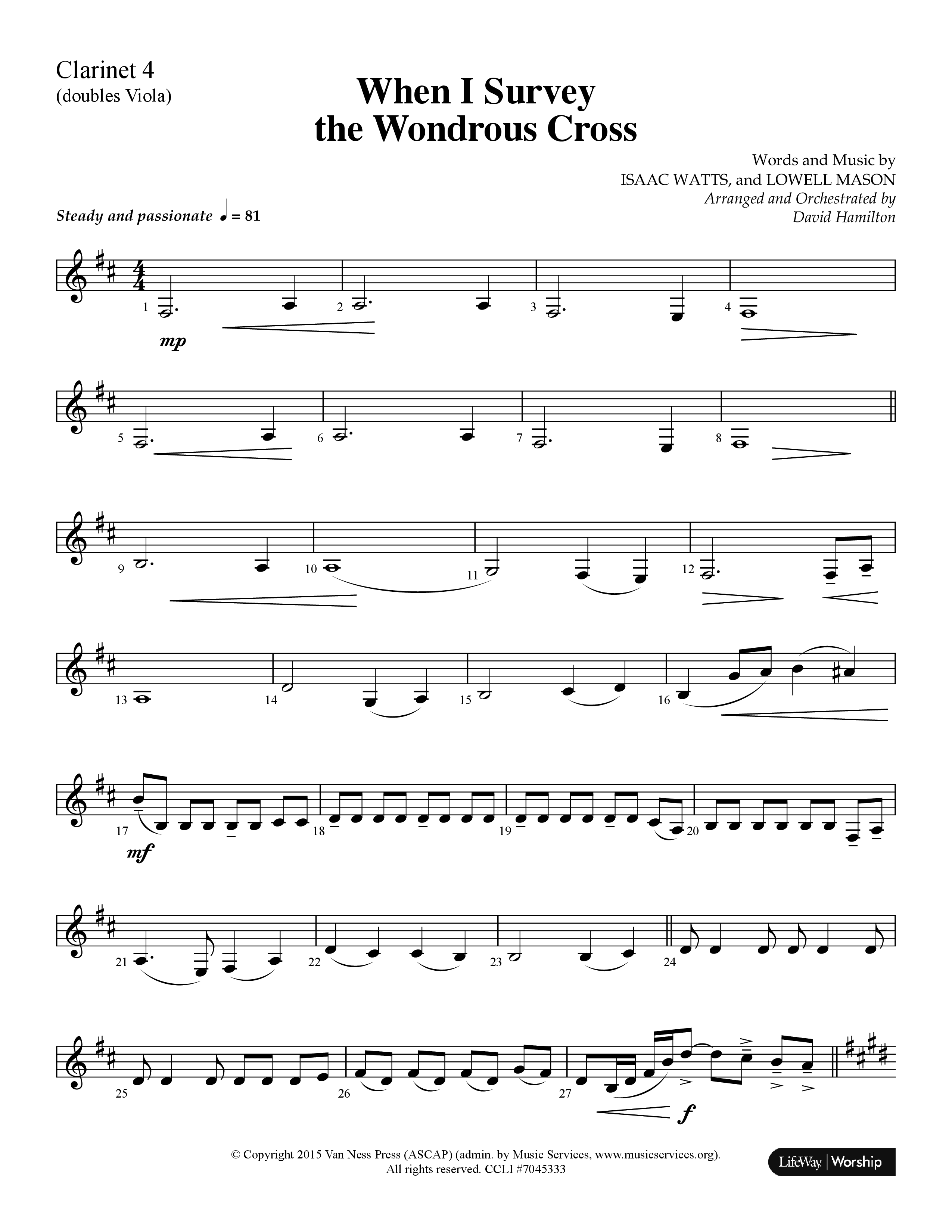 When I Survey The Wondrous Cross (Choral Anthem SATB) Clarinet (Lifeway Choral / Arr. David Hamilton)