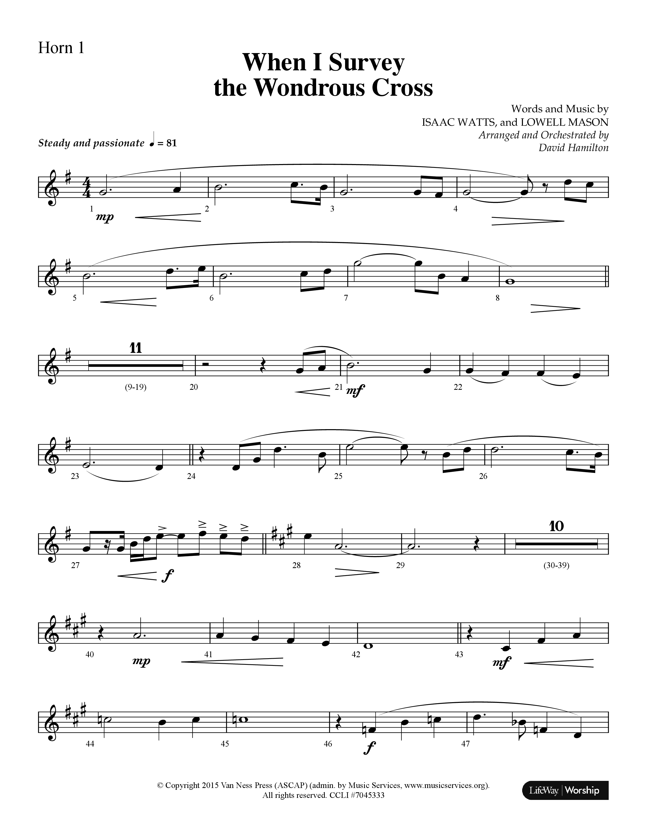 When I Survey The Wondrous Cross (Choral Anthem SATB) French Horn 1 (Lifeway Choral / Arr. David Hamilton)