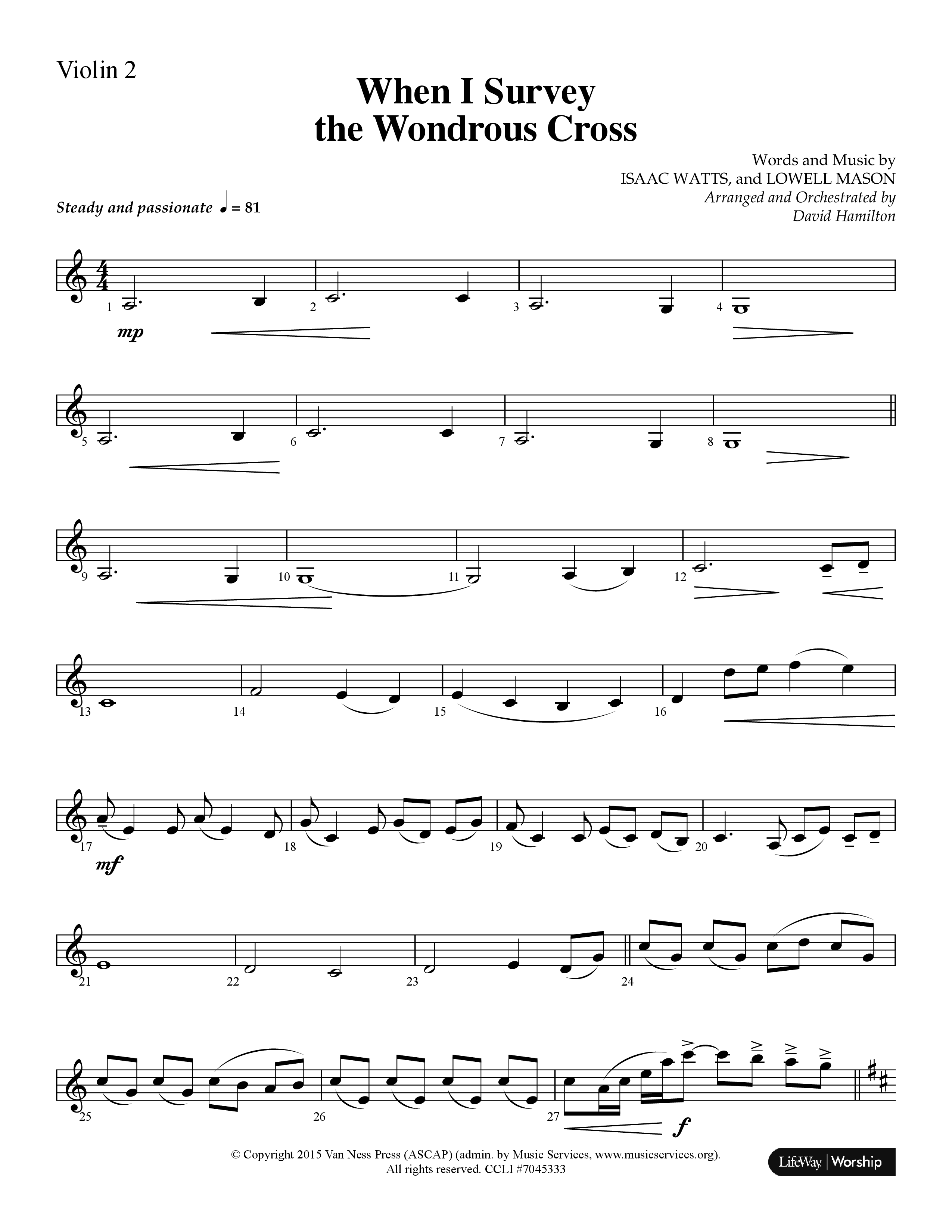 When I Survey The Wondrous Cross (Choral Anthem SATB) Violin 2 (Lifeway Choral / Arr. David Hamilton)