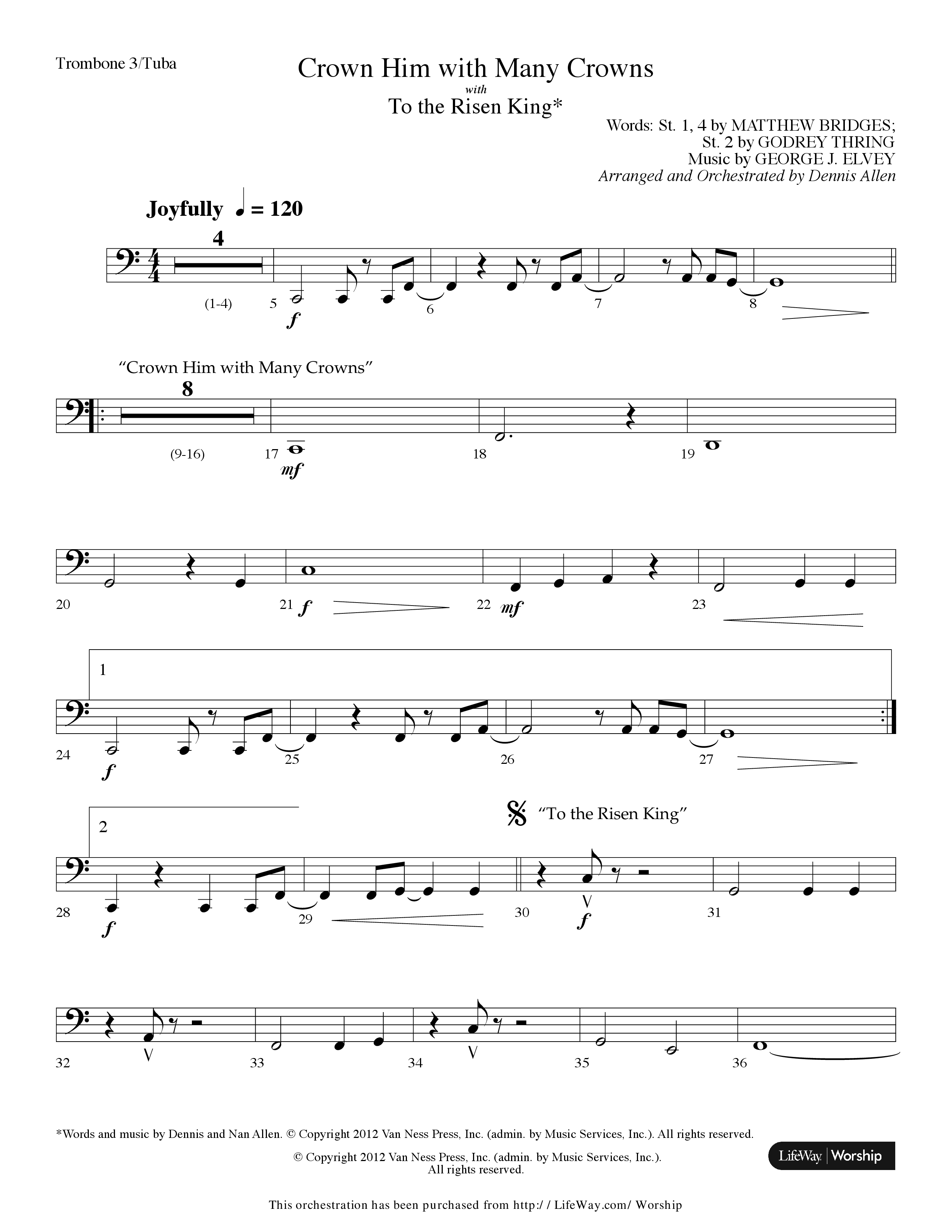 Crown Him With Many Crowns (with To The Risen King) (Choral Anthem SATB) Trombone 3/Tuba (Lifeway Choral / Arr. Dennis Allen)