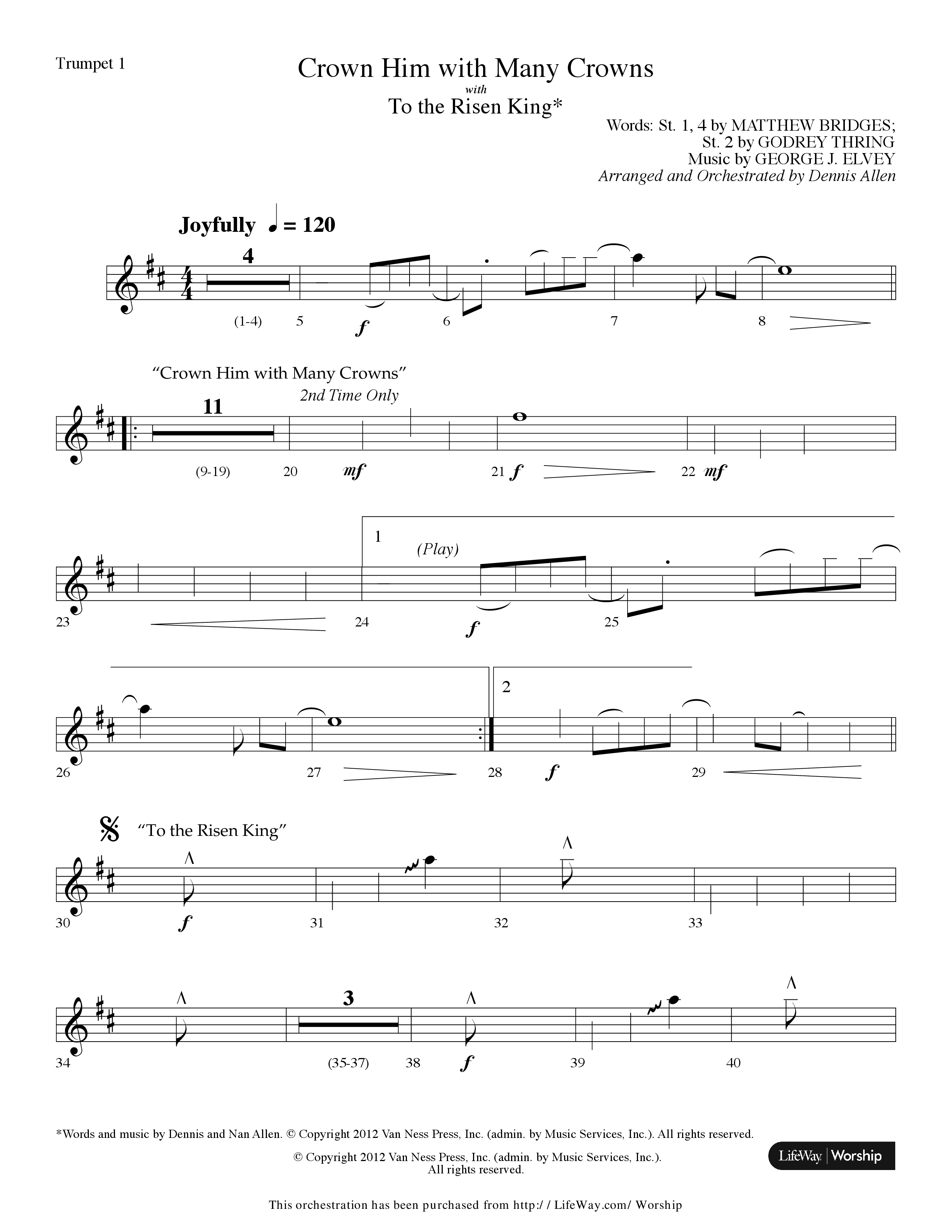 Crown Him With Many Crowns (with To The Risen King) (Choral Anthem SATB) Trumpet 1 (Lifeway Choral / Arr. Dennis Allen)