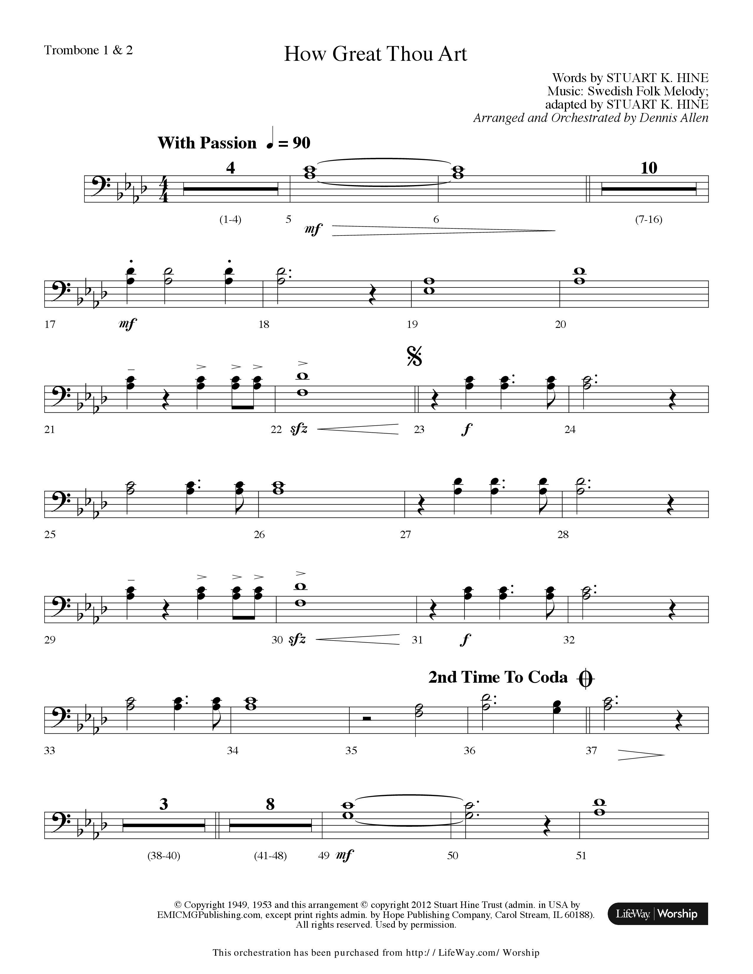 How Great Thou Art (Choral Anthem SATB) Trombone 1/2 (Lifeway Choral / Arr. Dennis Allen)