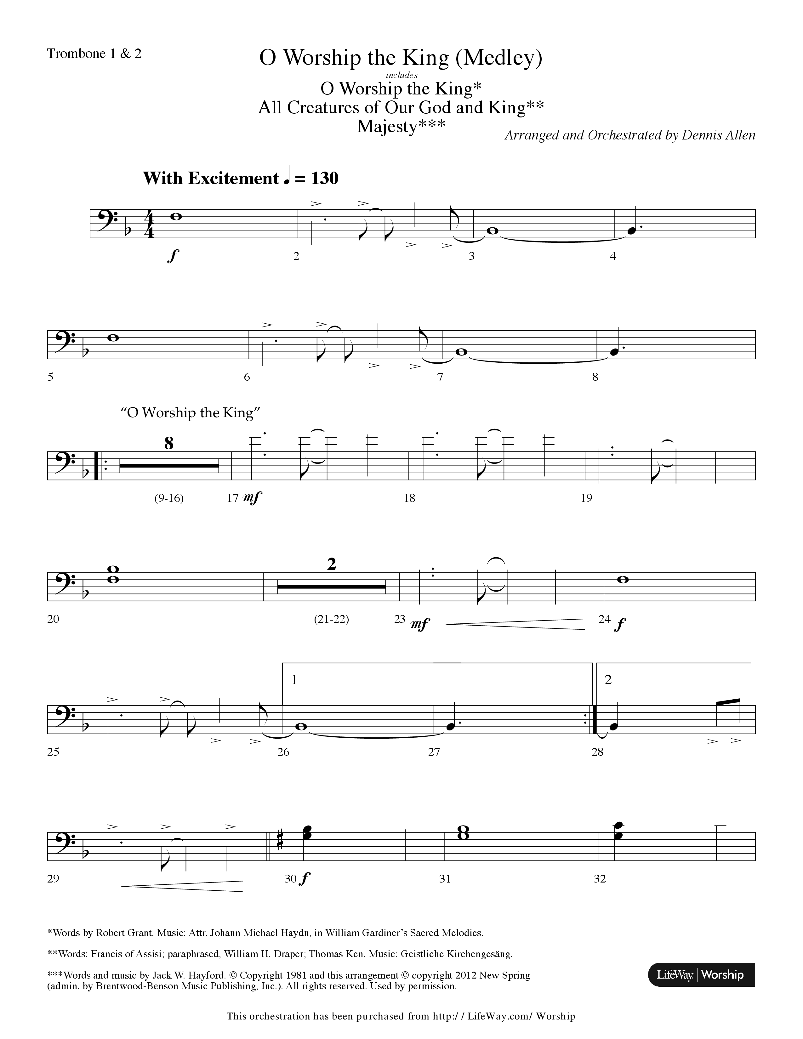 O Worship The King (Medley) (Choral Anthem SATB) Trombone 1/2 (Lifeway Choral / Arr. Dennis Allen)