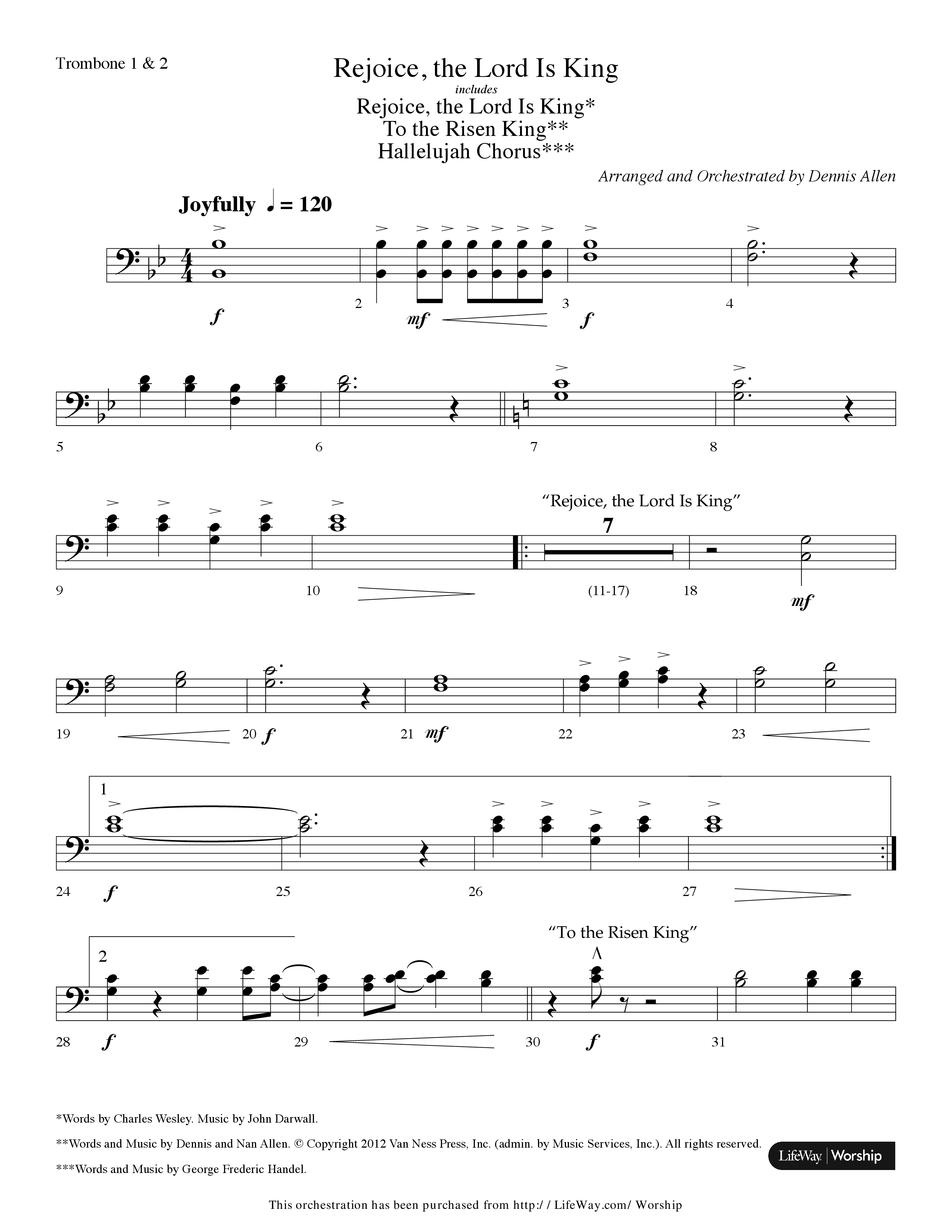 Rejoice The Lord Is King (Medley) (with To The Risen King, Hallelujah Chorus) (Choral Anthem SATB) Trombone 1/2 (Lifeway Choral / Arr. Dennis Allen)