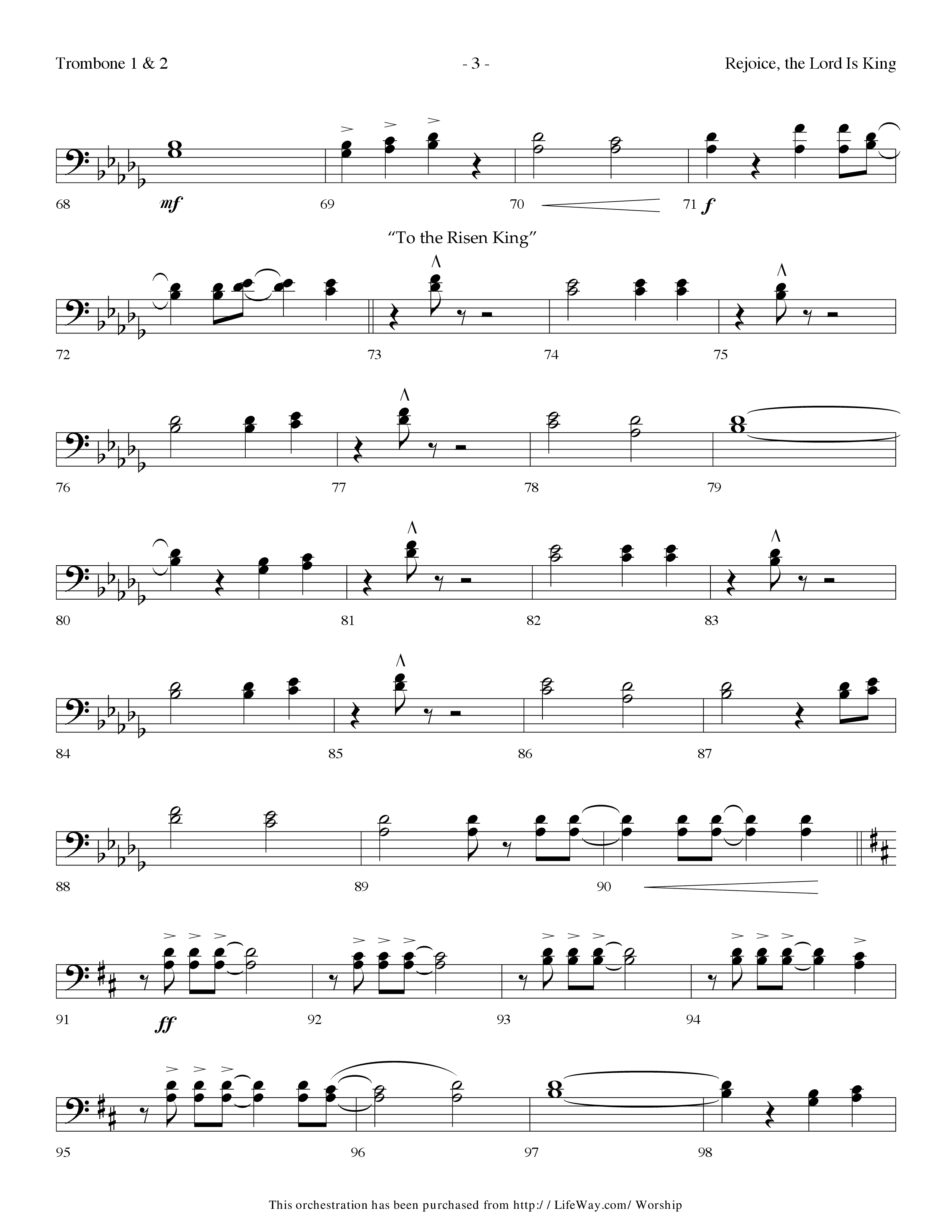 Rejoice The Lord Is King (Medley) (with To The Risen King, Hallelujah Chorus) (Choral Anthem SATB) Trombone 1/2 (Lifeway Choral / Arr. Dennis Allen)