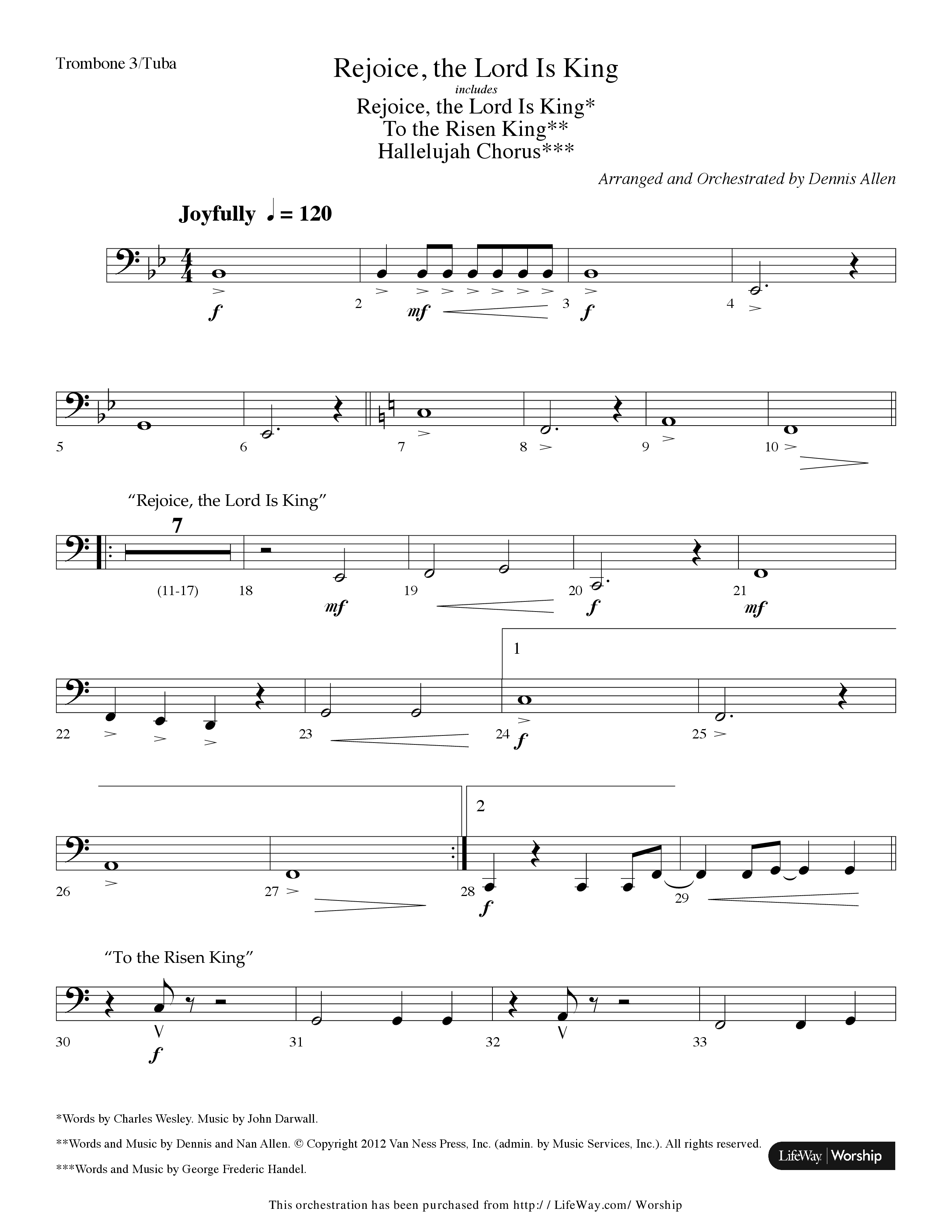 Rejoice The Lord Is King (Medley) (with To The Risen King, Hallelujah Chorus) (Choral Anthem SATB) Trombone 3/Tuba (Lifeway Choral / Arr. Dennis Allen)
