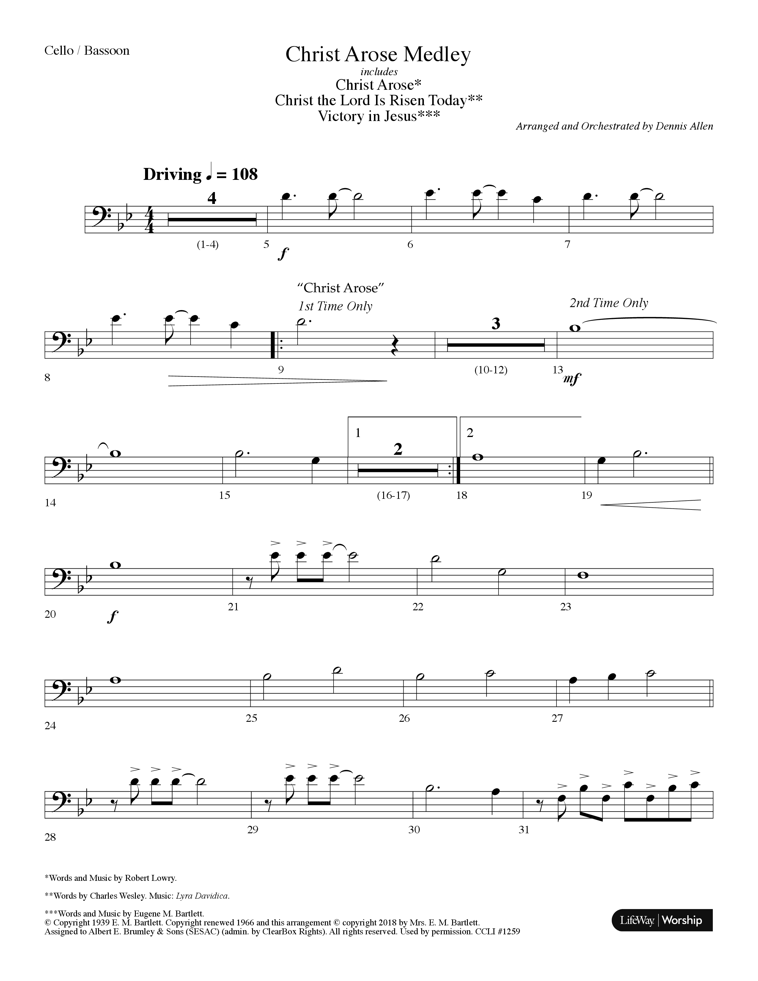 Christ Arose Medley (with Christ The Lord Is Risen Today, Victory In Jesus) (Choral Anthem SATB) Cello (Lifeway Choral / Arr. Dennis Allen)