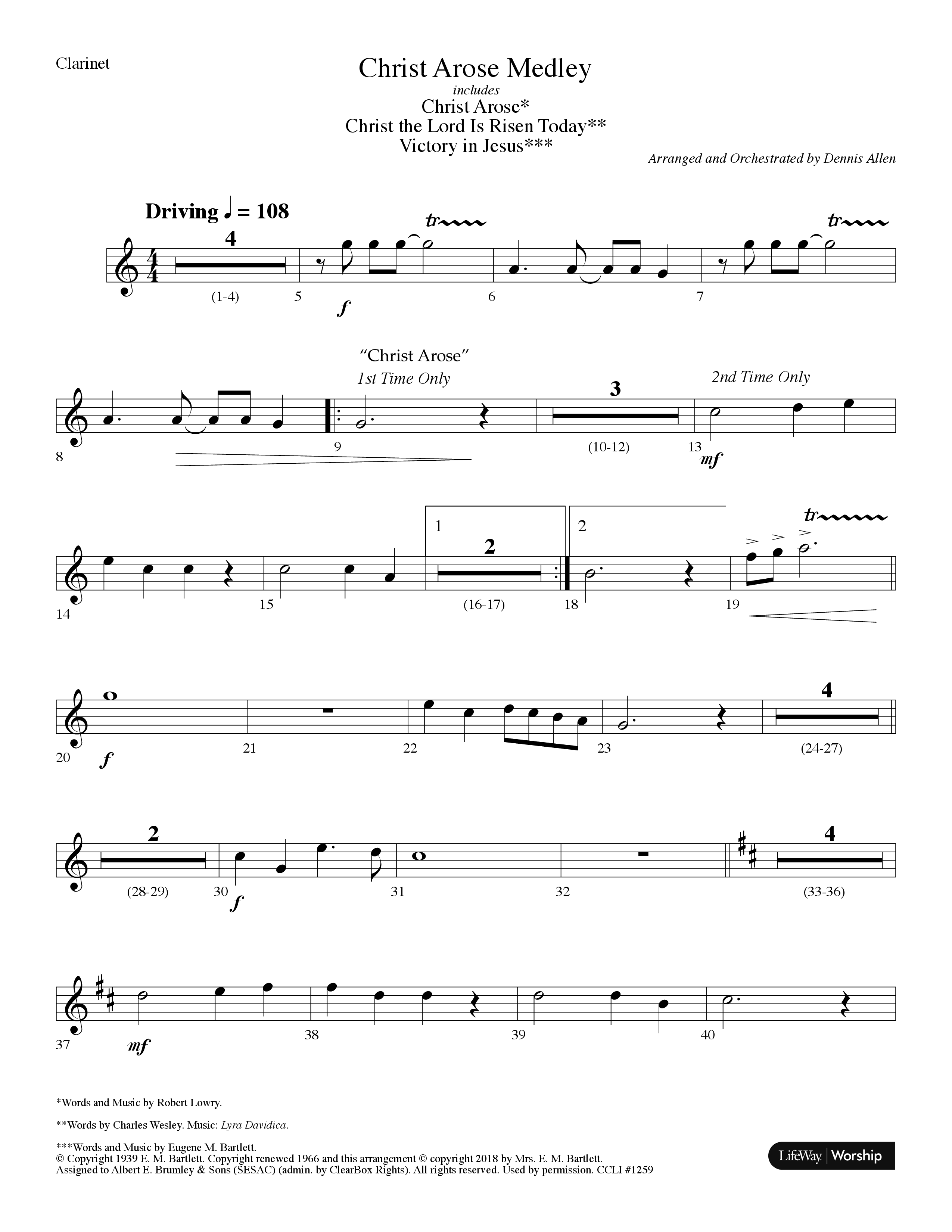 Christ Arose Medley (with Christ The Lord Is Risen Today, Victory In Jesus) (Choral Anthem SATB) Clarinet (Lifeway Choral / Arr. Dennis Allen)