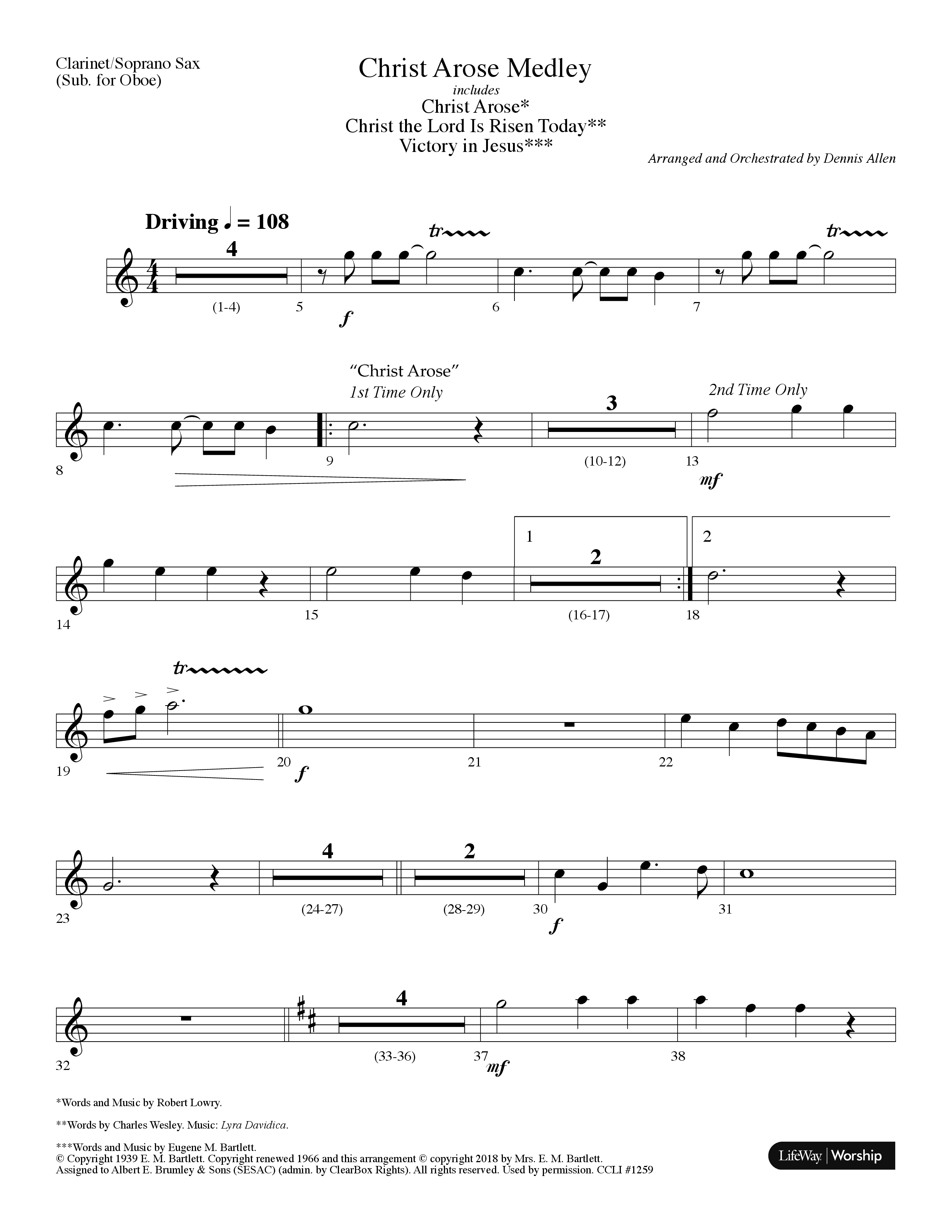 Christ Arose Medley (with Christ The Lord Is Risen Today, Victory In Jesus) (Choral Anthem SATB) Clarinet/Soprano Sax (Lifeway Choral / Arr. Dennis Allen)