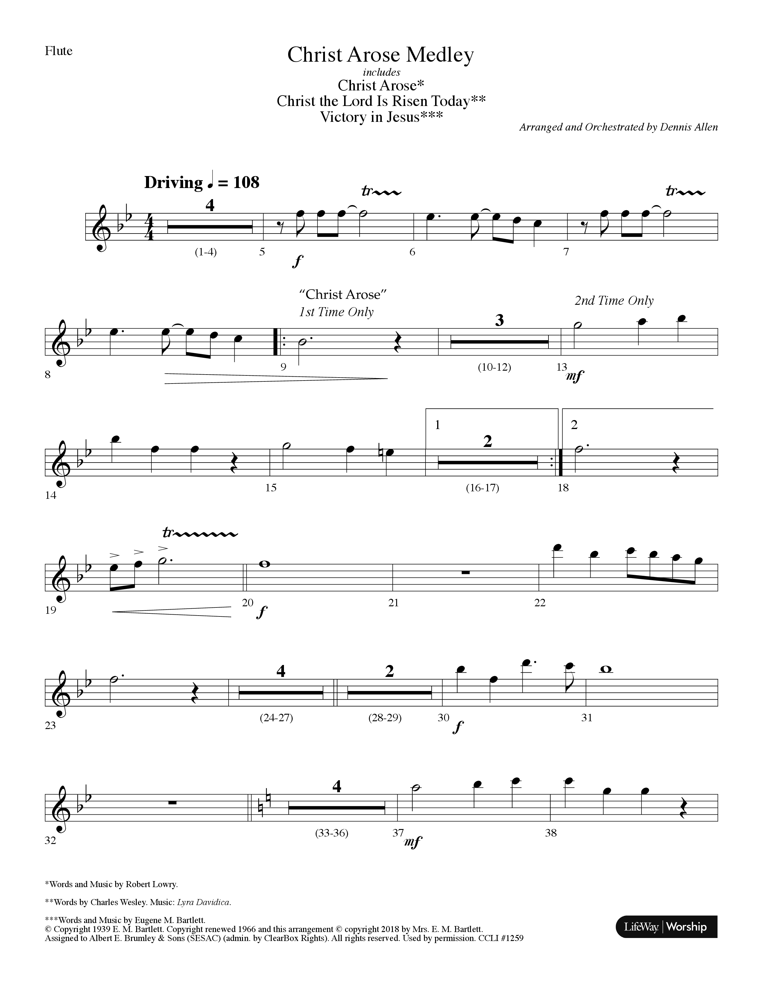 Christ Arose Medley (with Christ The Lord Is Risen Today, Victory In Jesus) (Choral Anthem SATB) Flute (Lifeway Choral / Arr. Dennis Allen)