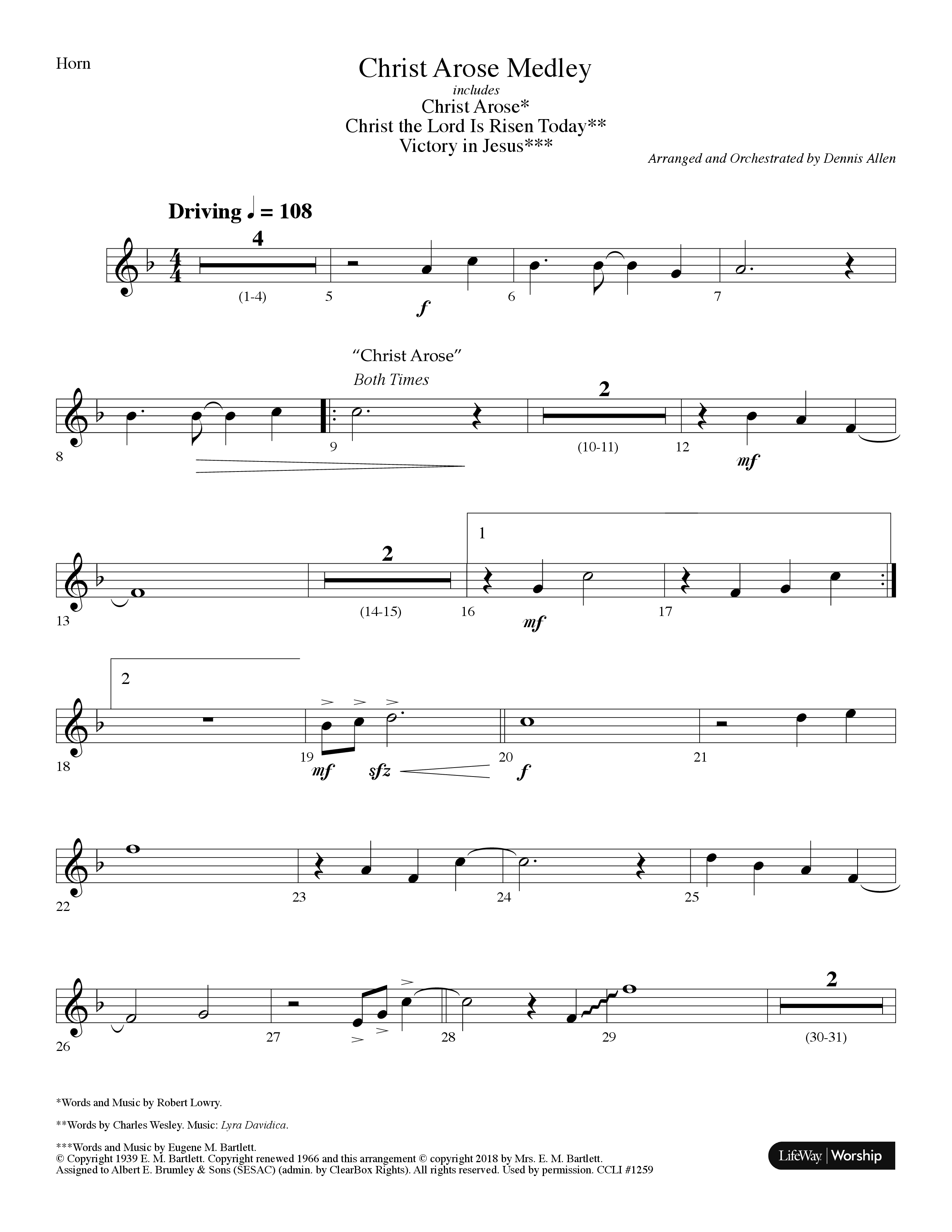 Christ Arose Medley (with Christ The Lord Is Risen Today, Victory In Jesus) (Choral Anthem SATB) French Horn (Lifeway Choral / Arr. Dennis Allen)
