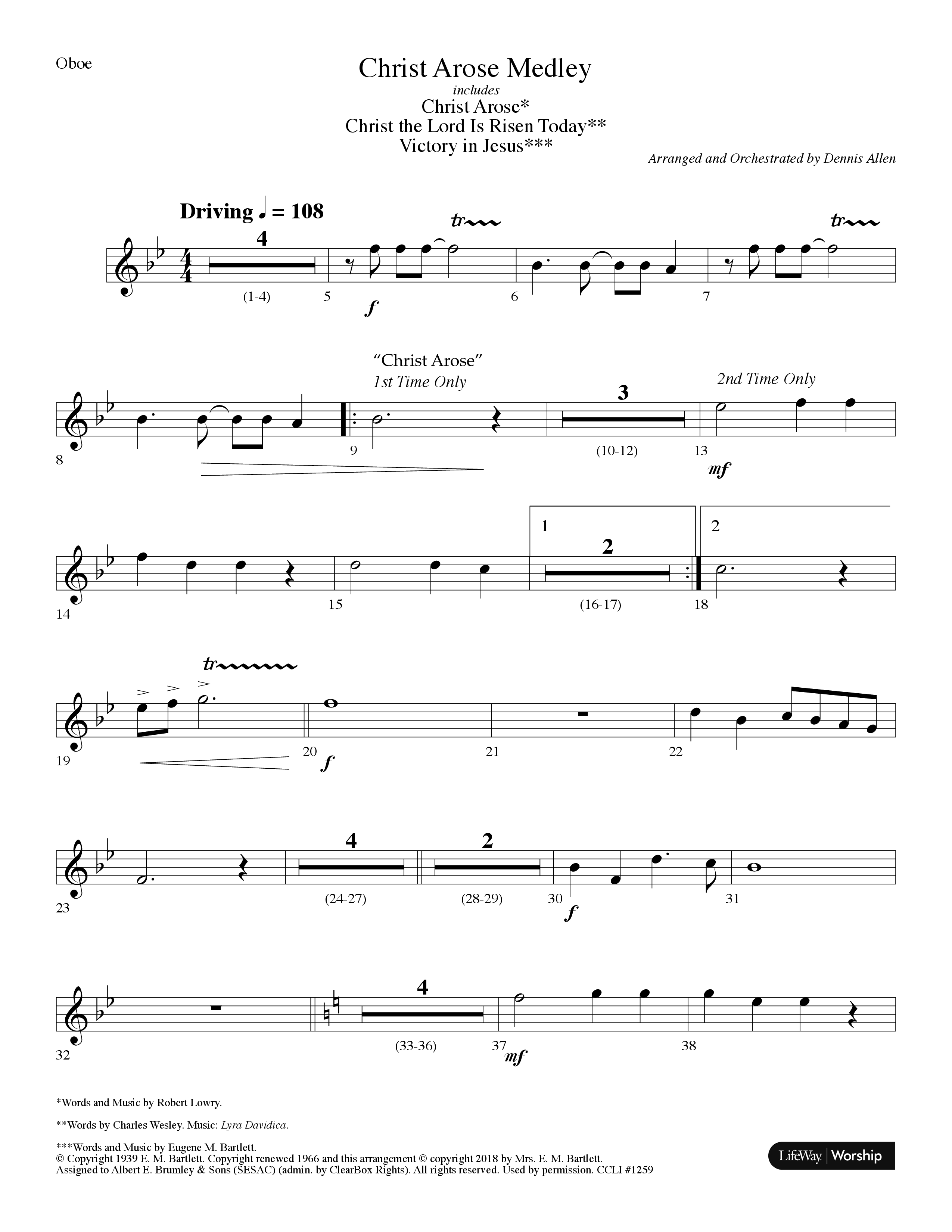 Christ Arose Medley (with Christ The Lord Is Risen Today, Victory In Jesus) (Choral Anthem SATB) Oboe (Lifeway Choral / Arr. Dennis Allen)
