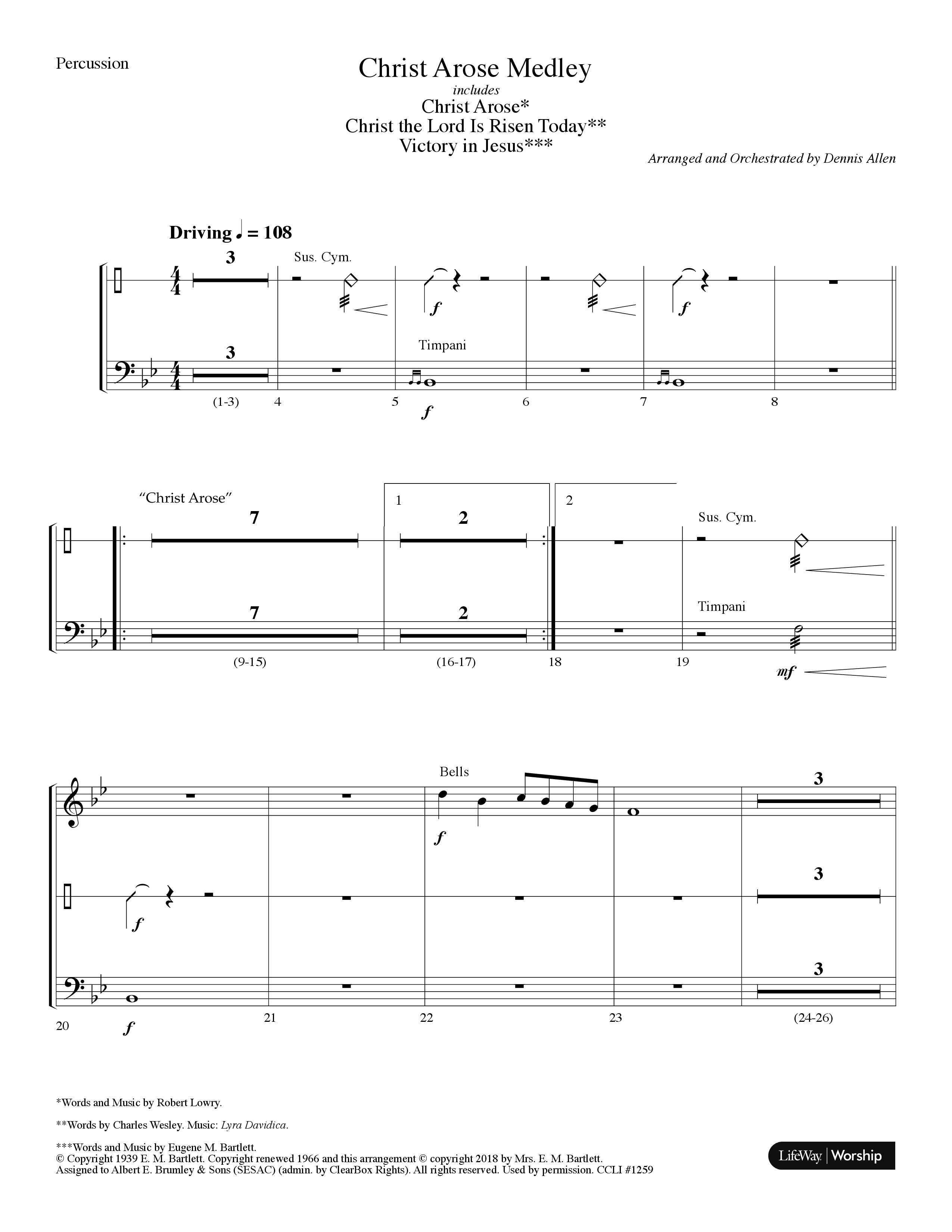 Christ Arose Medley (with Christ The Lord Is Risen Today, Victory In Jesus) (Choral Anthem SATB) Percussion (Lifeway Choral / Arr. Dennis Allen)
