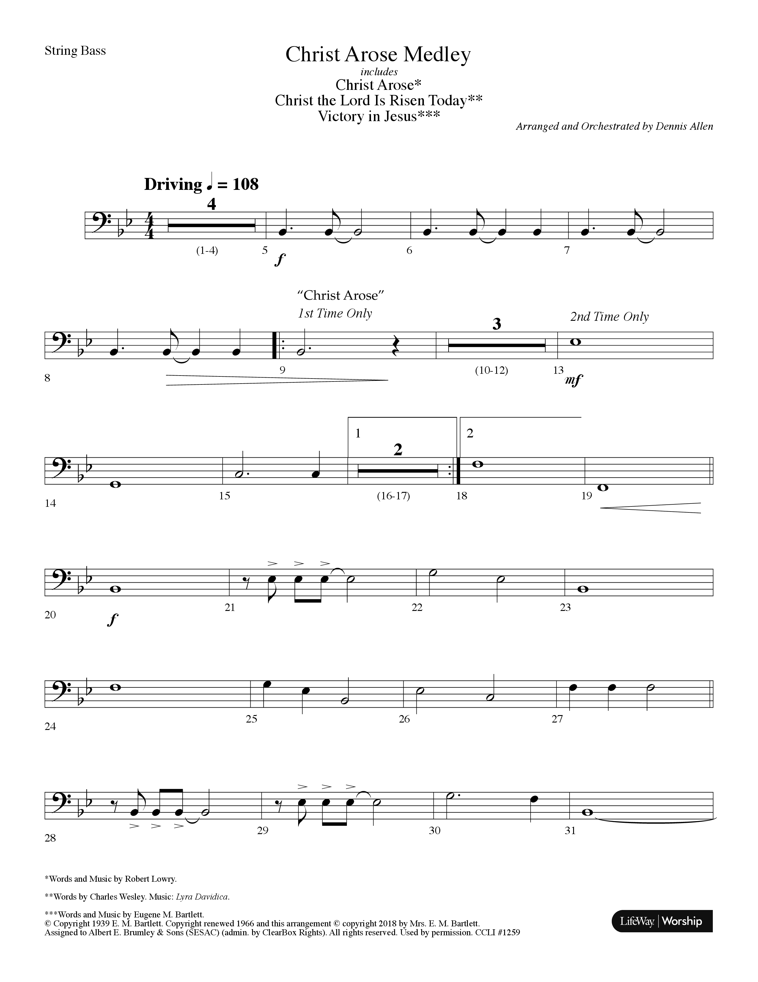 Christ Arose Medley (with Christ The Lord Is Risen Today, Victory In Jesus) (Choral Anthem SATB) String Bass (Lifeway Choral / Arr. Dennis Allen)