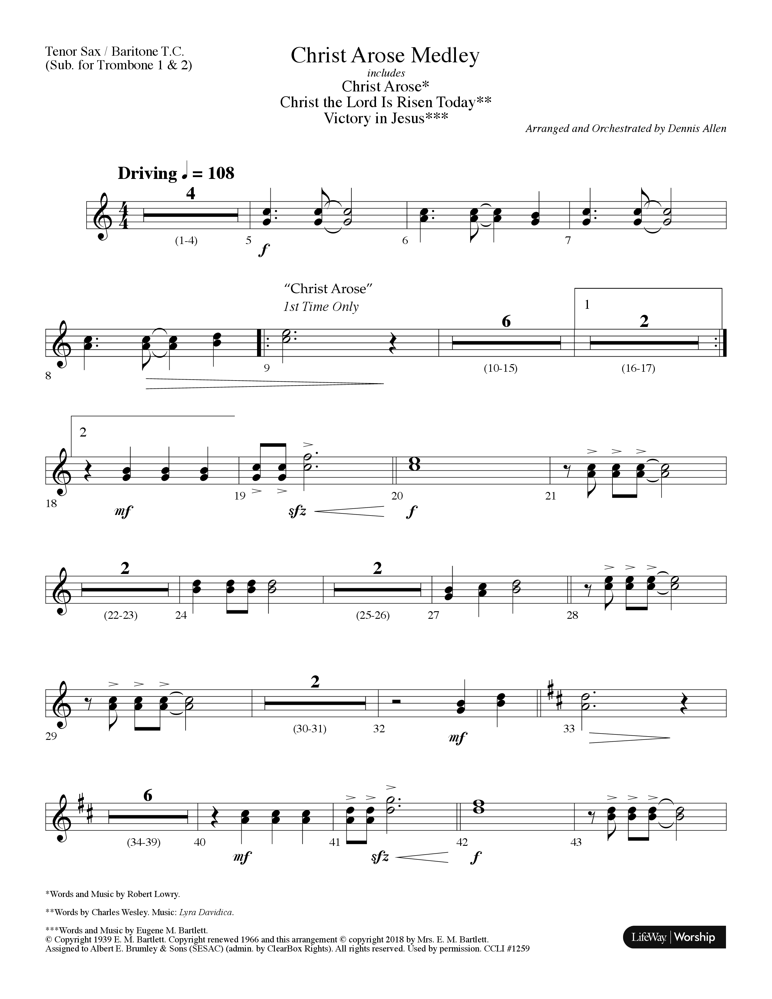 Christ Arose Medley (with Christ The Lord Is Risen Today, Victory In Jesus) (Choral Anthem SATB) Tenor Sax/Baritone T.C. (Lifeway Choral / Arr. Dennis Allen)