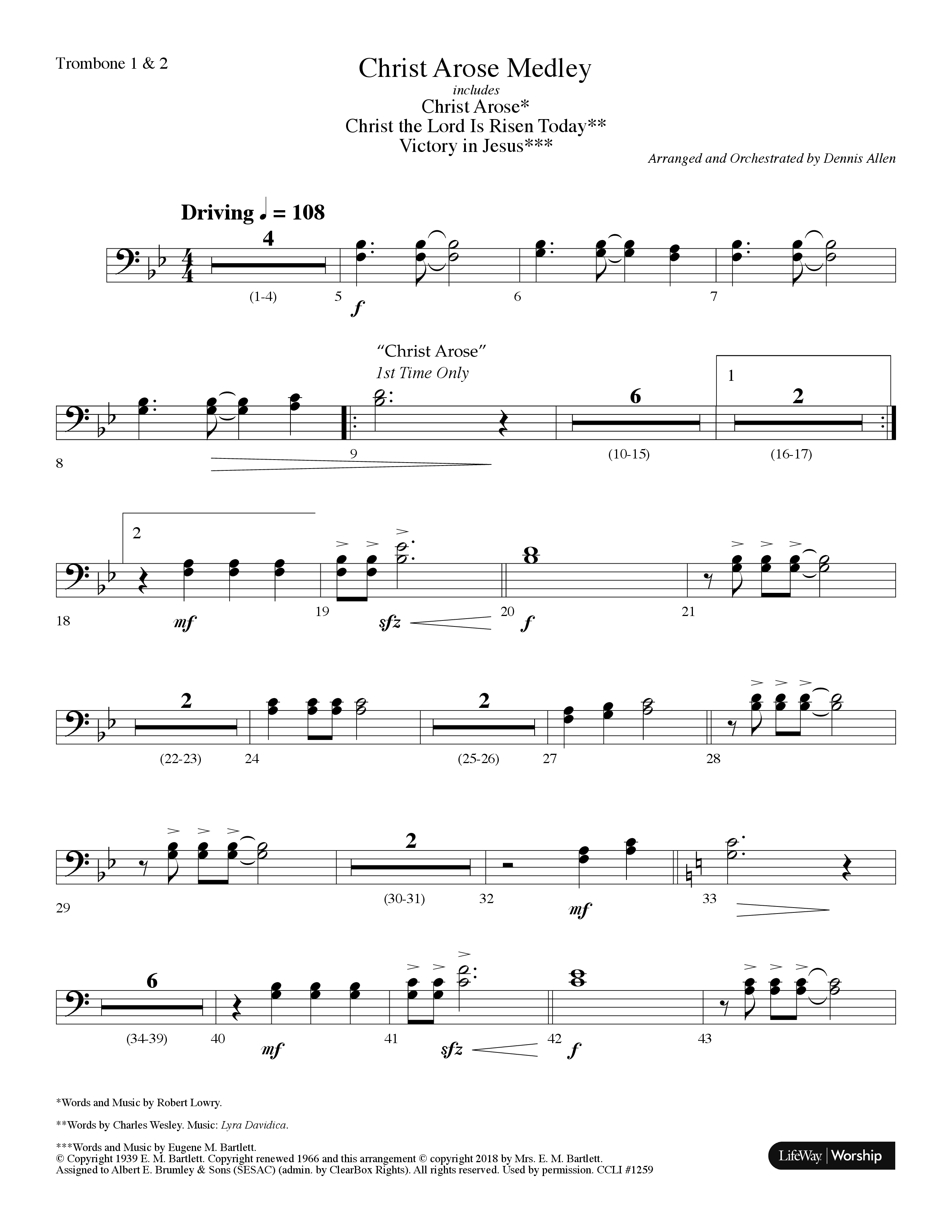 Christ Arose Medley (with Christ The Lord Is Risen Today, Victory In Jesus) (Choral Anthem SATB) Trombone 1/2 (Lifeway Choral / Arr. Dennis Allen)