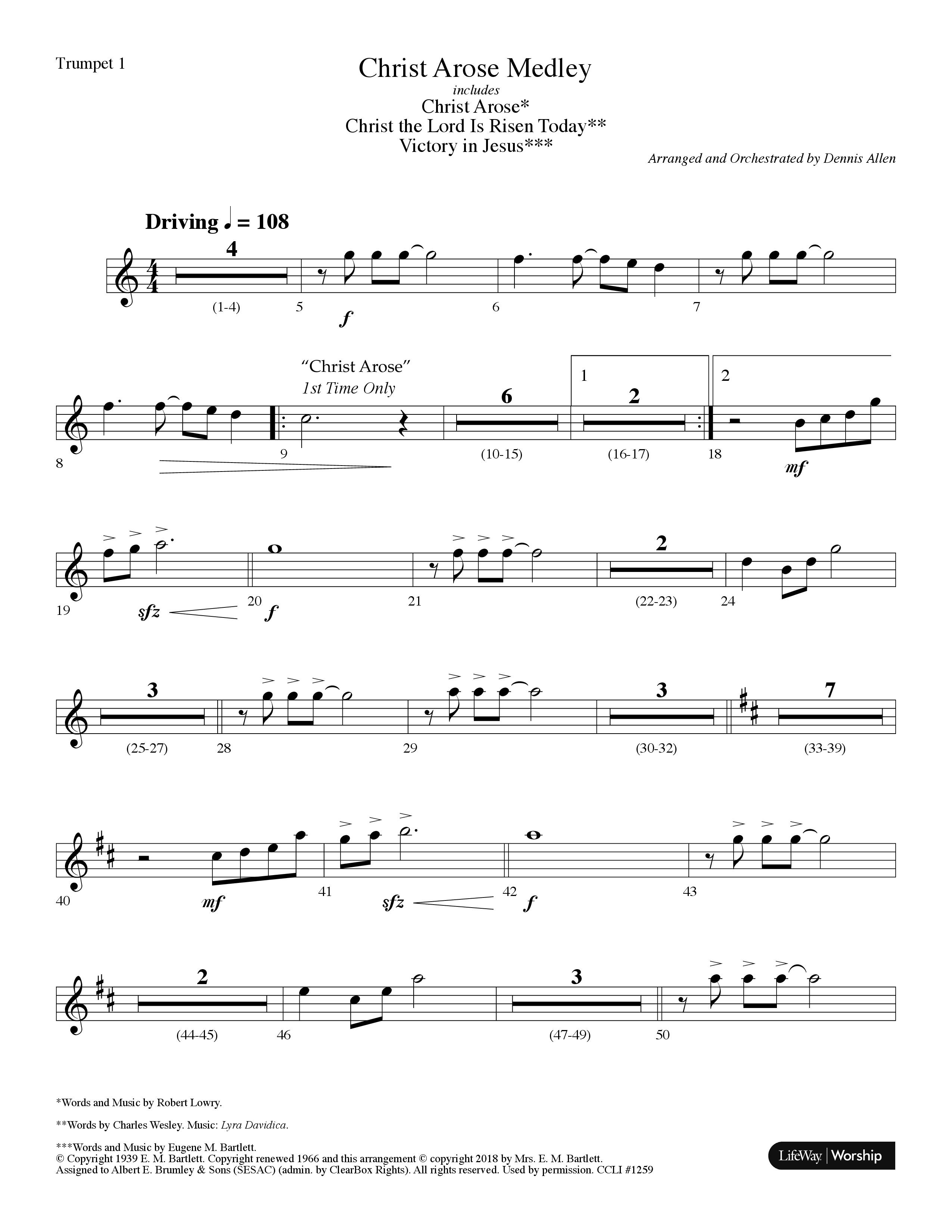 Christ Arose Medley (with Christ The Lord Is Risen Today, Victory In Jesus) (Choral Anthem SATB) Trumpet 1 (Lifeway Choral / Arr. Dennis Allen)