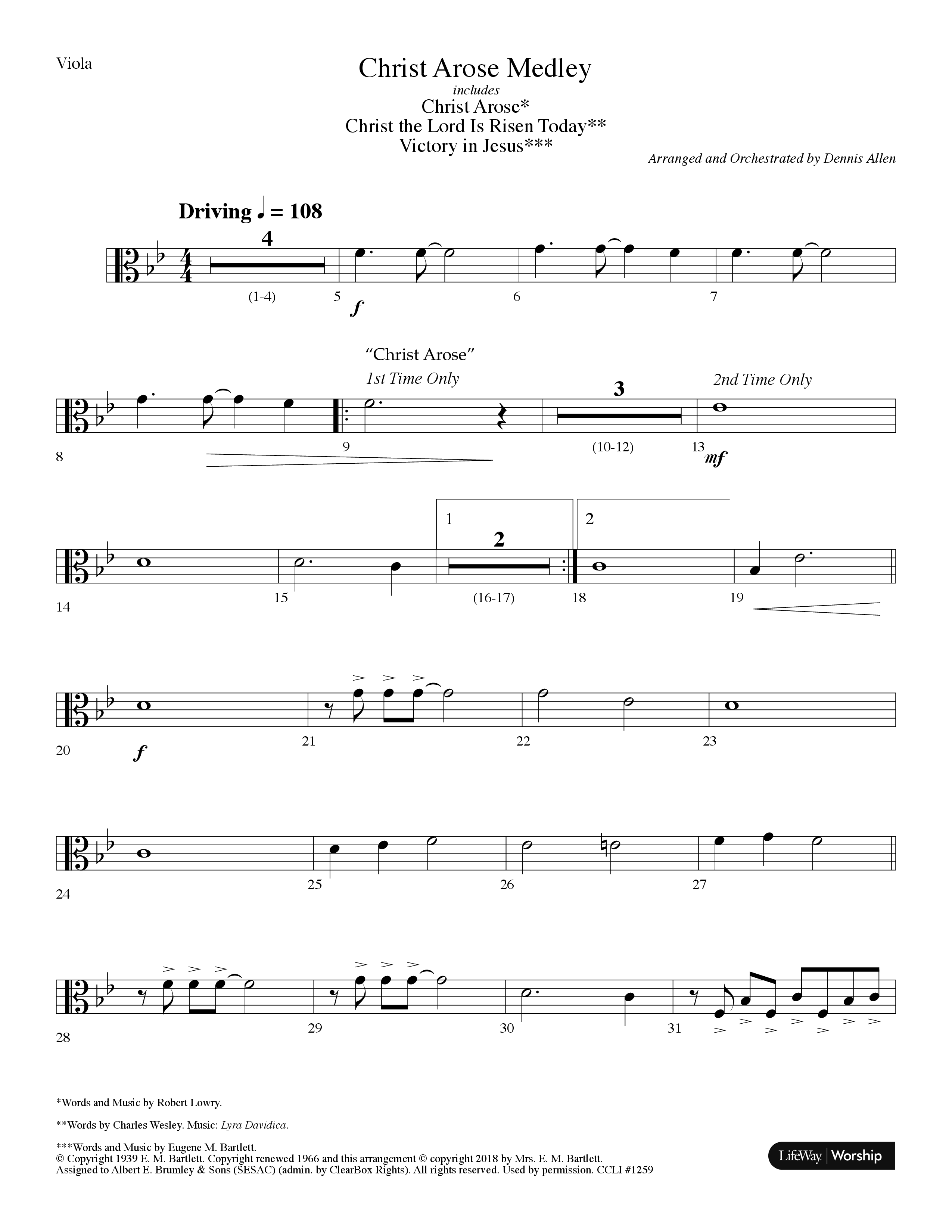 Christ Arose Medley (with Christ The Lord Is Risen Today, Victory In Jesus) (Choral Anthem SATB) Viola (Lifeway Choral / Arr. Dennis Allen)