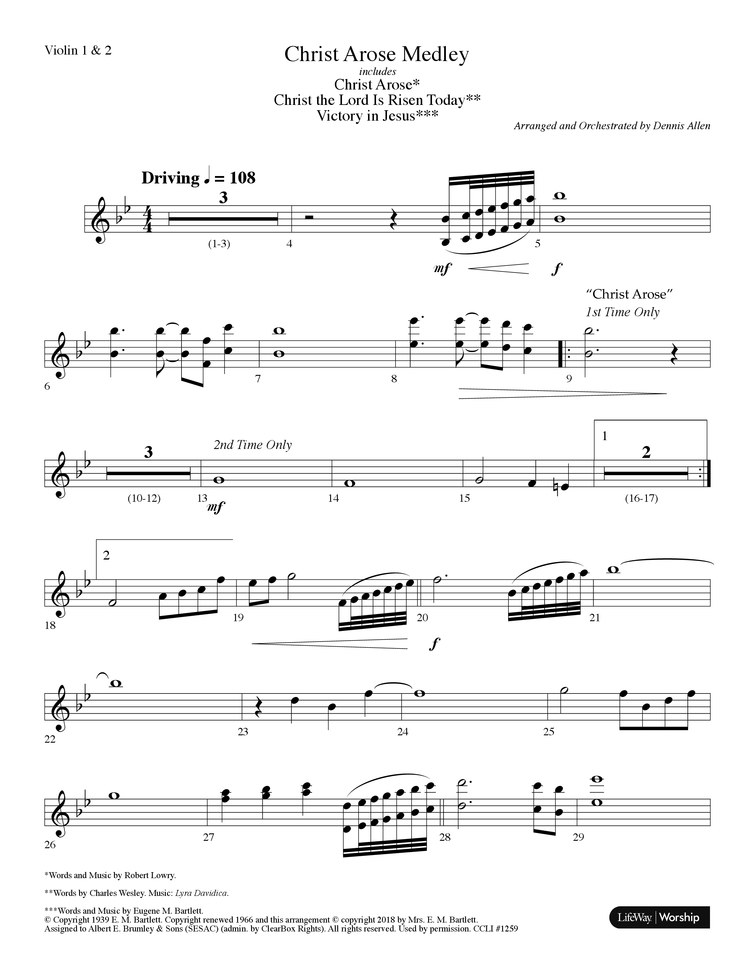 Christ Arose Medley (with Christ The Lord Is Risen Today, Victory In Jesus) (Choral Anthem SATB) Violin 1/2 (Lifeway Choral / Arr. Dennis Allen)
