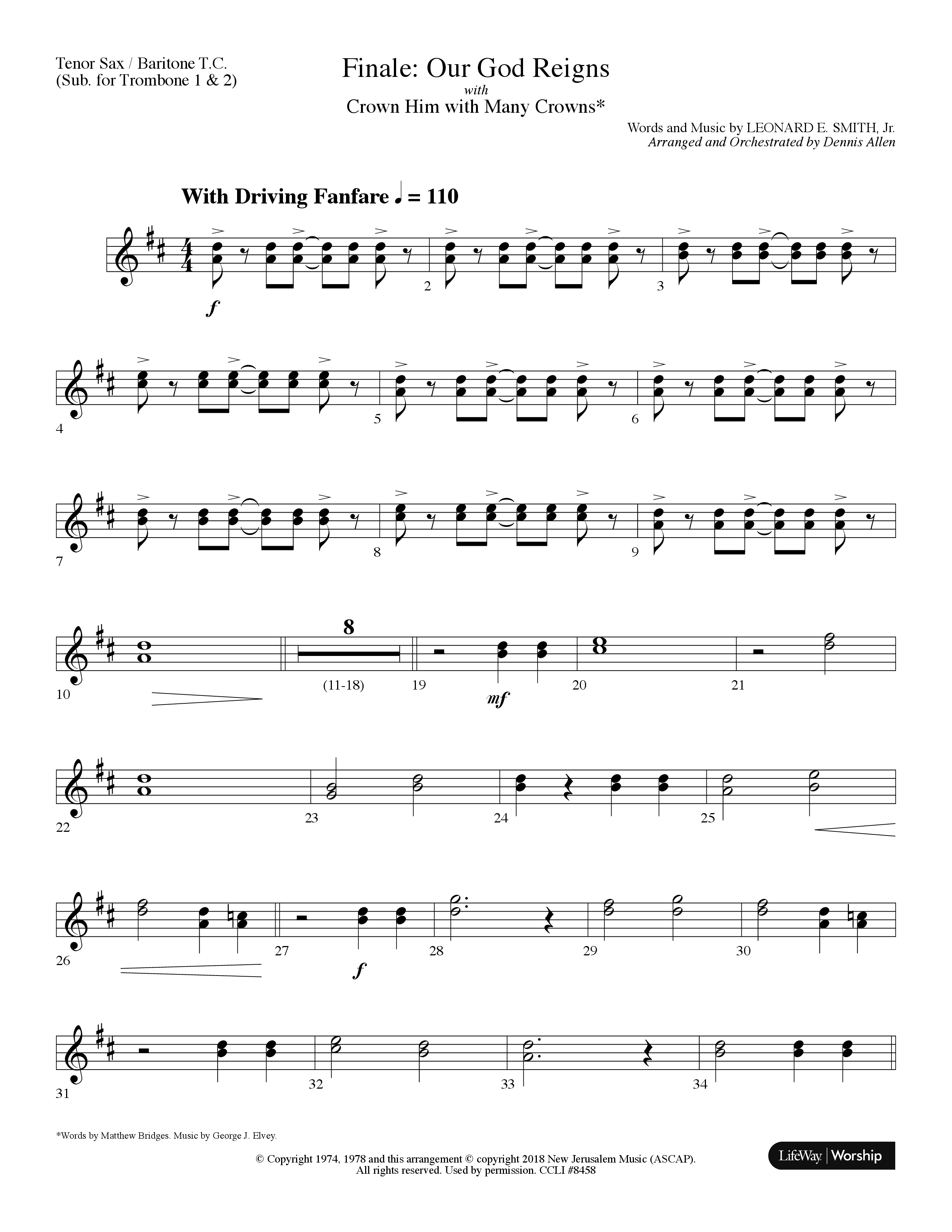 Our God Reigns (with Crown Him With Many Crowns) (Choral Anthem SATB) Tenor Sax/Baritone T.C. (Lifeway Choral / Arr. Dennis Allen)