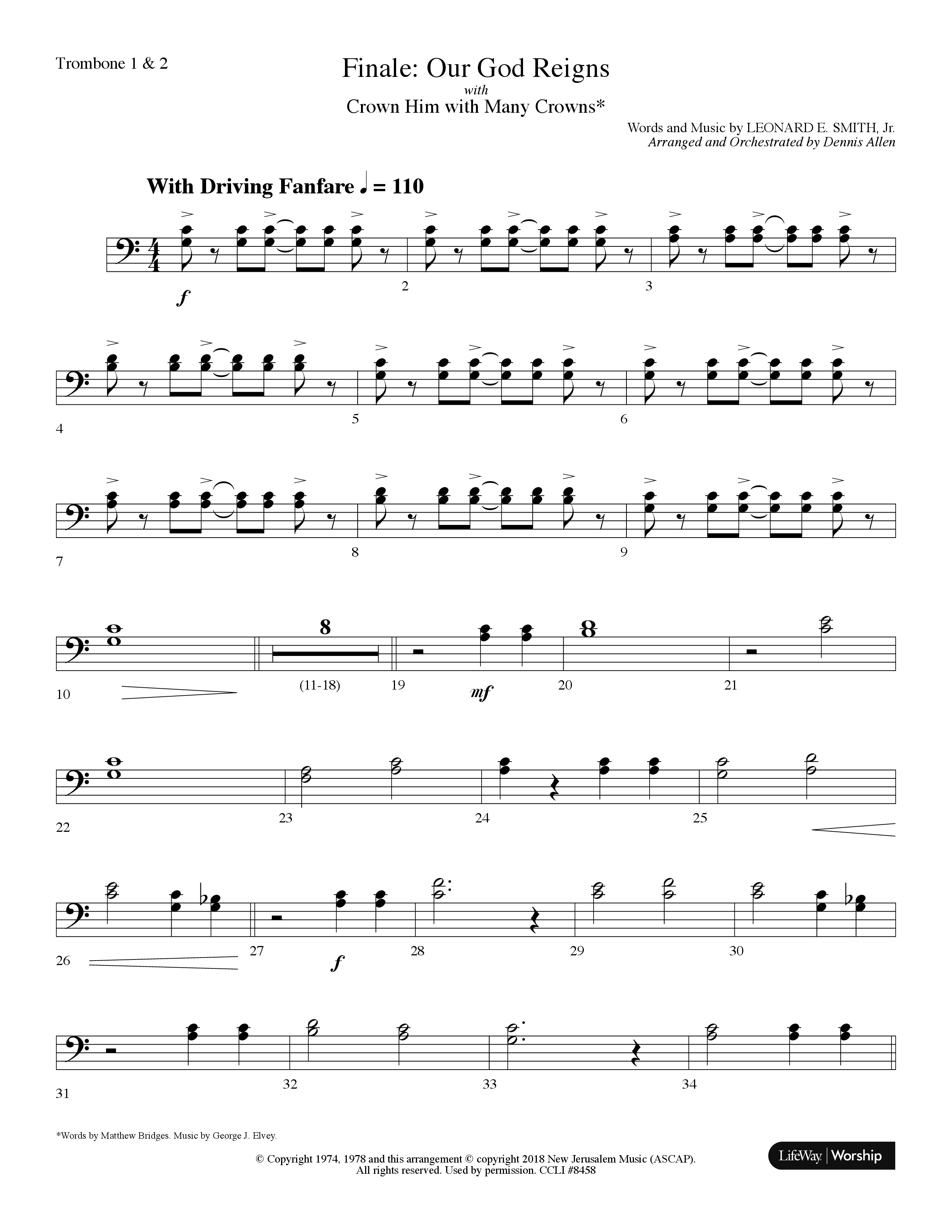 Our God Reigns (with Crown Him With Many Crowns) (Choral Anthem SATB) Trombone 1/2 (Lifeway Choral / Arr. Dennis Allen)