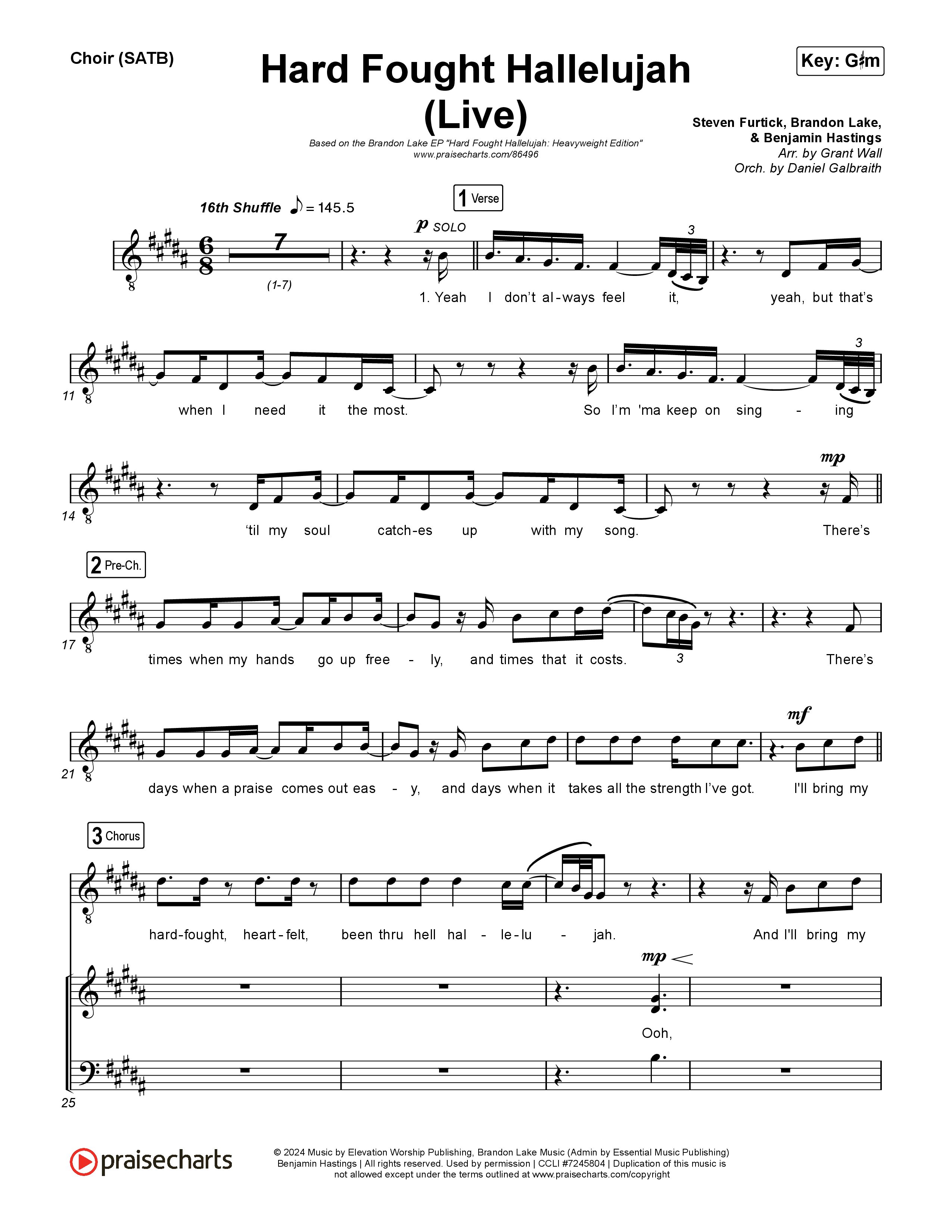Hard Fought Hallelujah (Live) Choir Sheet (SATB) (Brandon Lake)